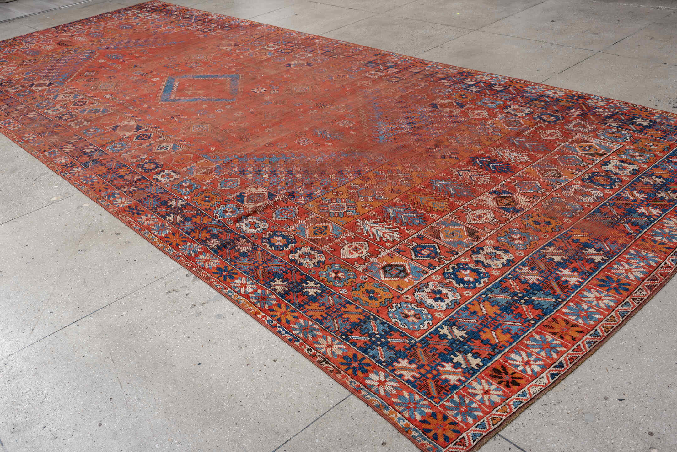 7' x 19' one-of-a-kind handmade vintage Marina rug. Color palette: terracotta, rust, indigo, ivory, sienna, navy, coral
