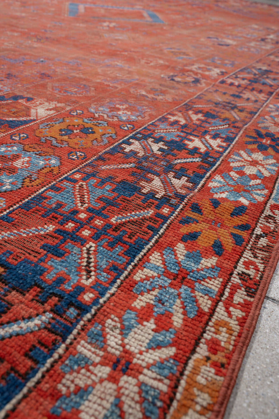 7' x 19' one-of-a-kind handmade vintage Marina rug. Color palette: terracotta, rust, indigo, ivory, sienna, navy, coral