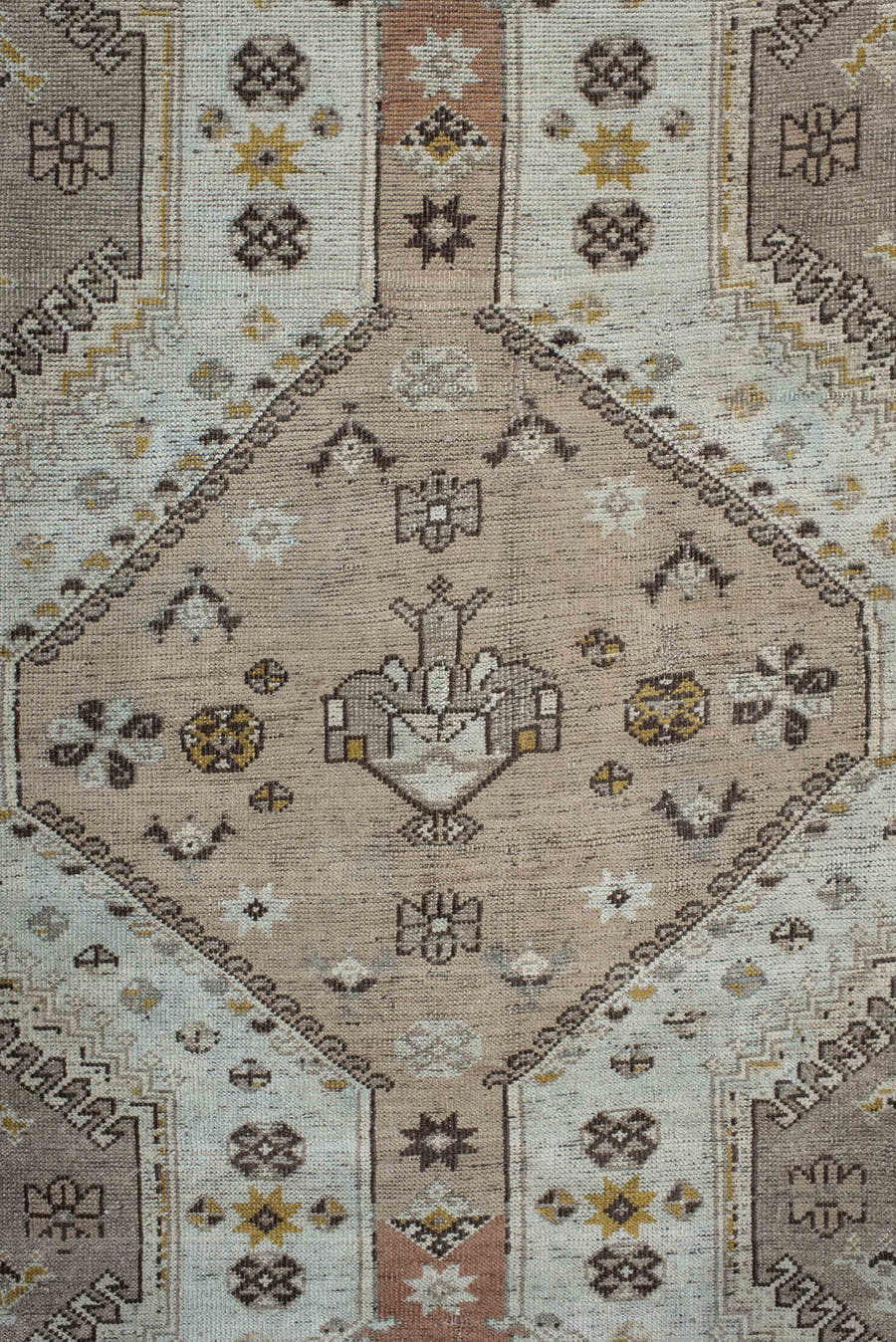 6' x 10' one-of-a-kind handmade antique Qashqai large size rug. Color palette: taupe, ivory, camel, rose, gold, brown, cream