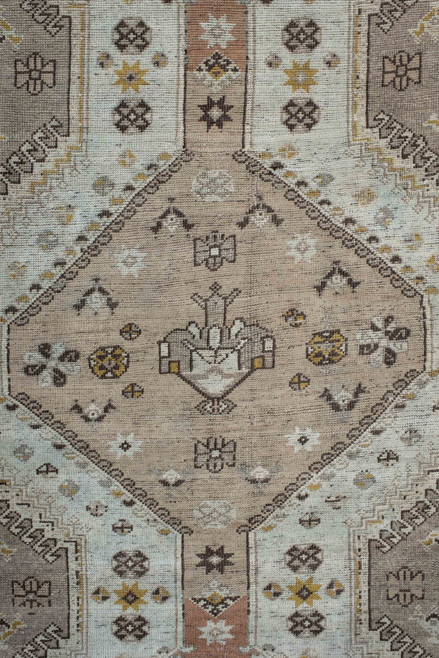 6' x 10' one-of-a-kind handmade antique Qashqai large size rug. Color palette: taupe, ivory, camel, rose, gold, brown, cream