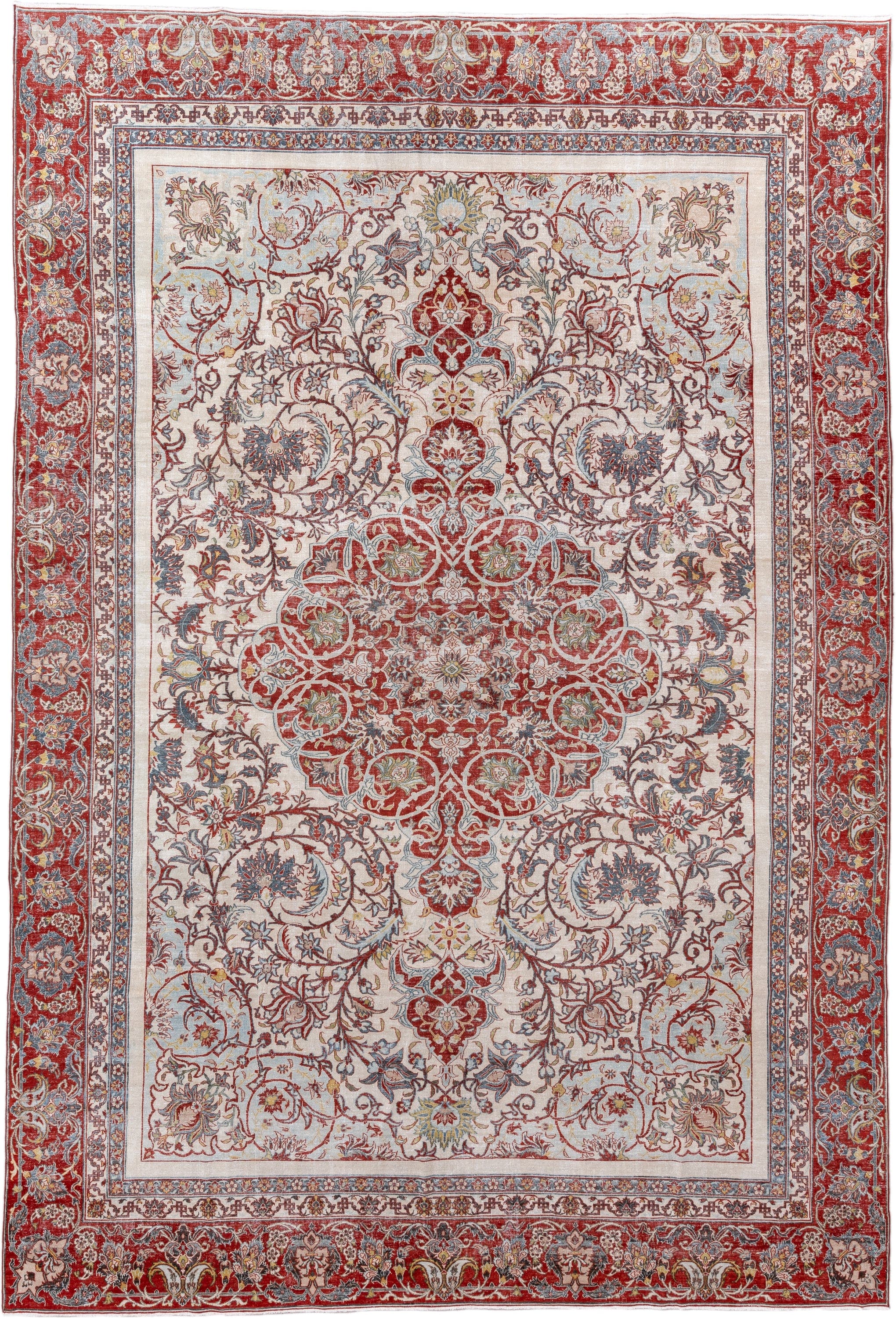 9' x 13' one-of-a-kind handmade vintage Isfahan large size rug. Color palette: ivory, rust, sky blue, red, gold, sage, taupe