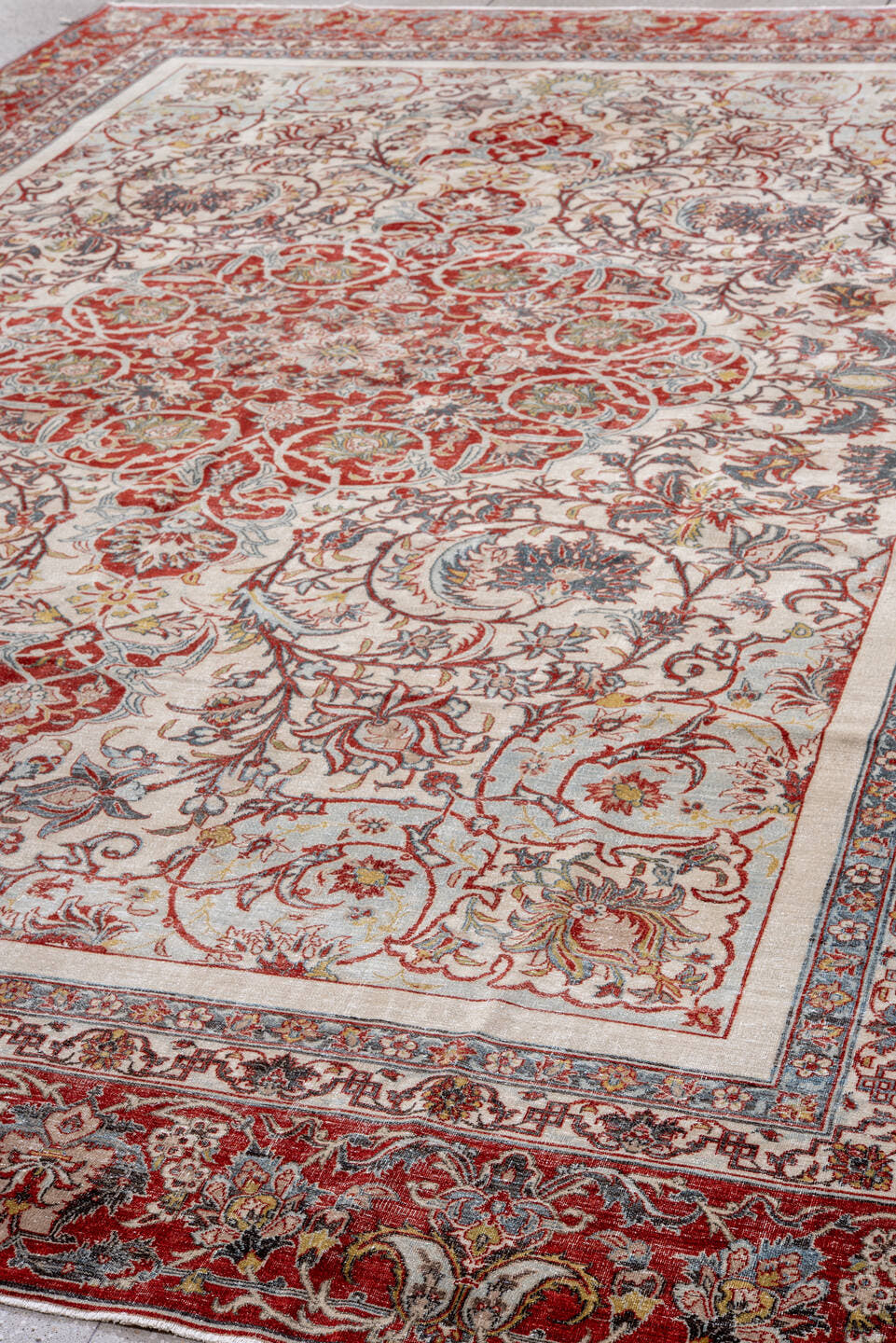 9' x 13' one-of-a-kind handmade vintage Isfahan large size rug. Color palette: ivory, rust, sky blue, red, gold, sage, taupe