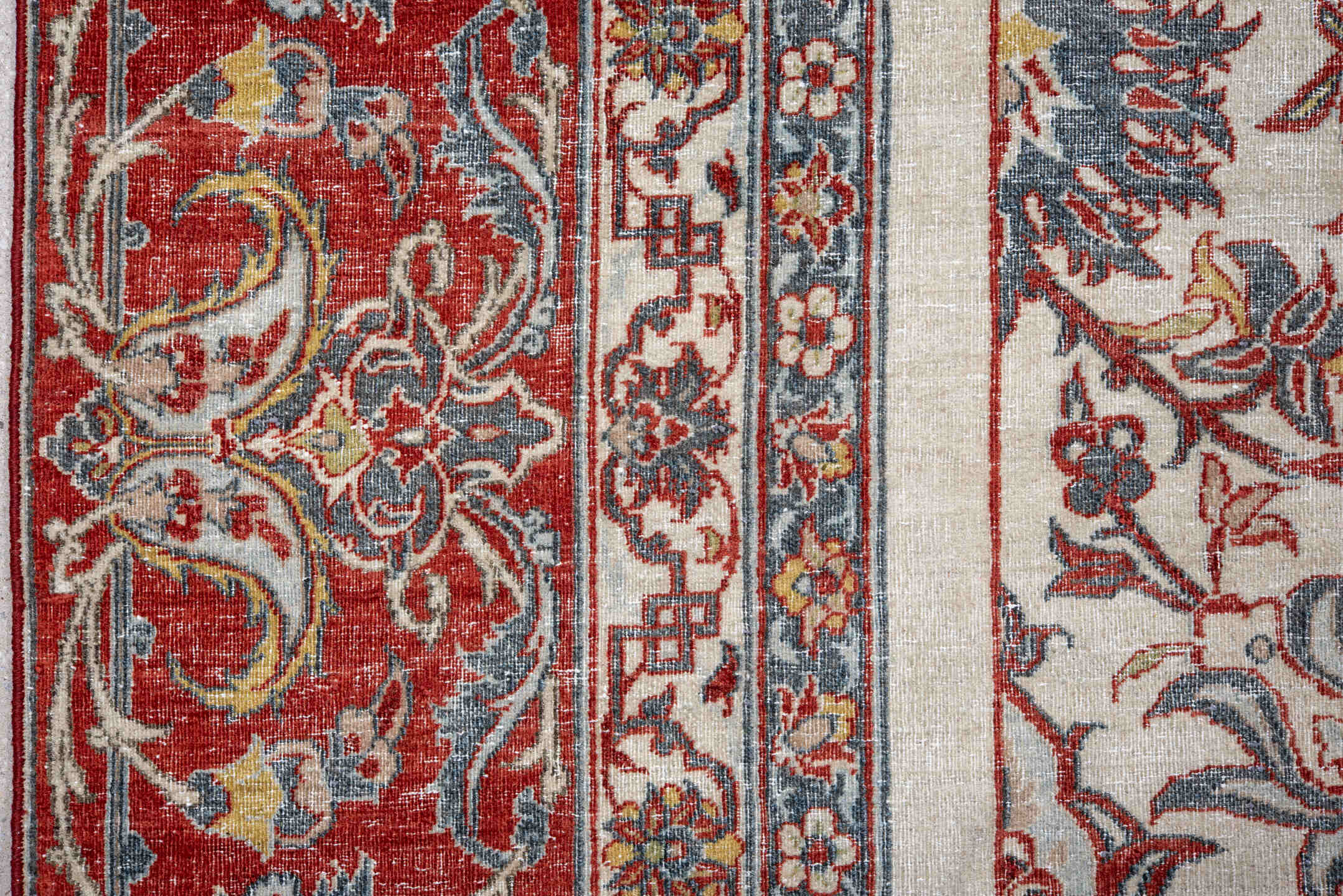 9' x 13' one-of-a-kind handmade vintage Isfahan large size rug. Color palette: ivory, rust, sky blue, red, gold, sage, taupe