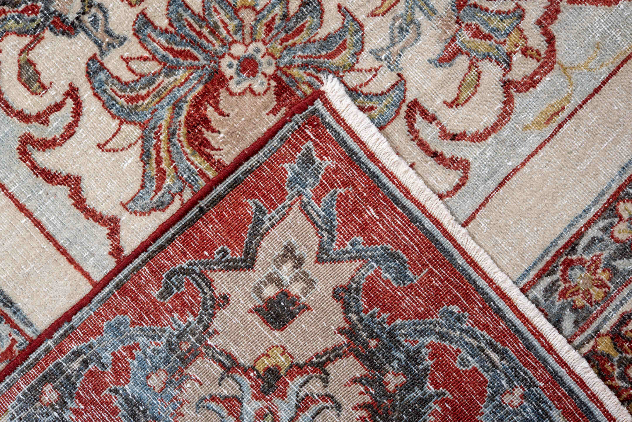9' x 13' one-of-a-kind handmade vintage Isfahan large size rug. Color palette: ivory, rust, sky blue, red, gold, sage, taupe