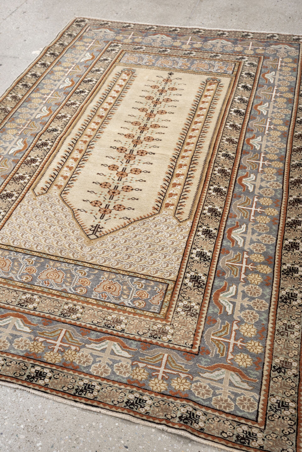 4' x 6' one-of-a-kind handmade antique Anatolian small size rug. Color palette: ivory, blue gray, camel, terracotta, taupe