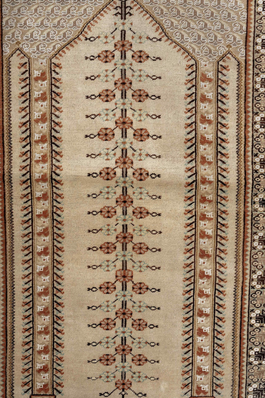 4' x 6' one-of-a-kind handmade antique Anatolian small size rug. Color palette: ivory, blue gray, camel, terracotta, taupe