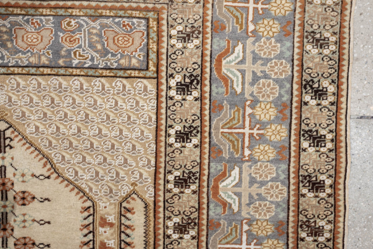 4' x 6' one-of-a-kind handmade antique Anatolian small size rug. Color palette: ivory, blue gray, camel, terracotta, taupe
