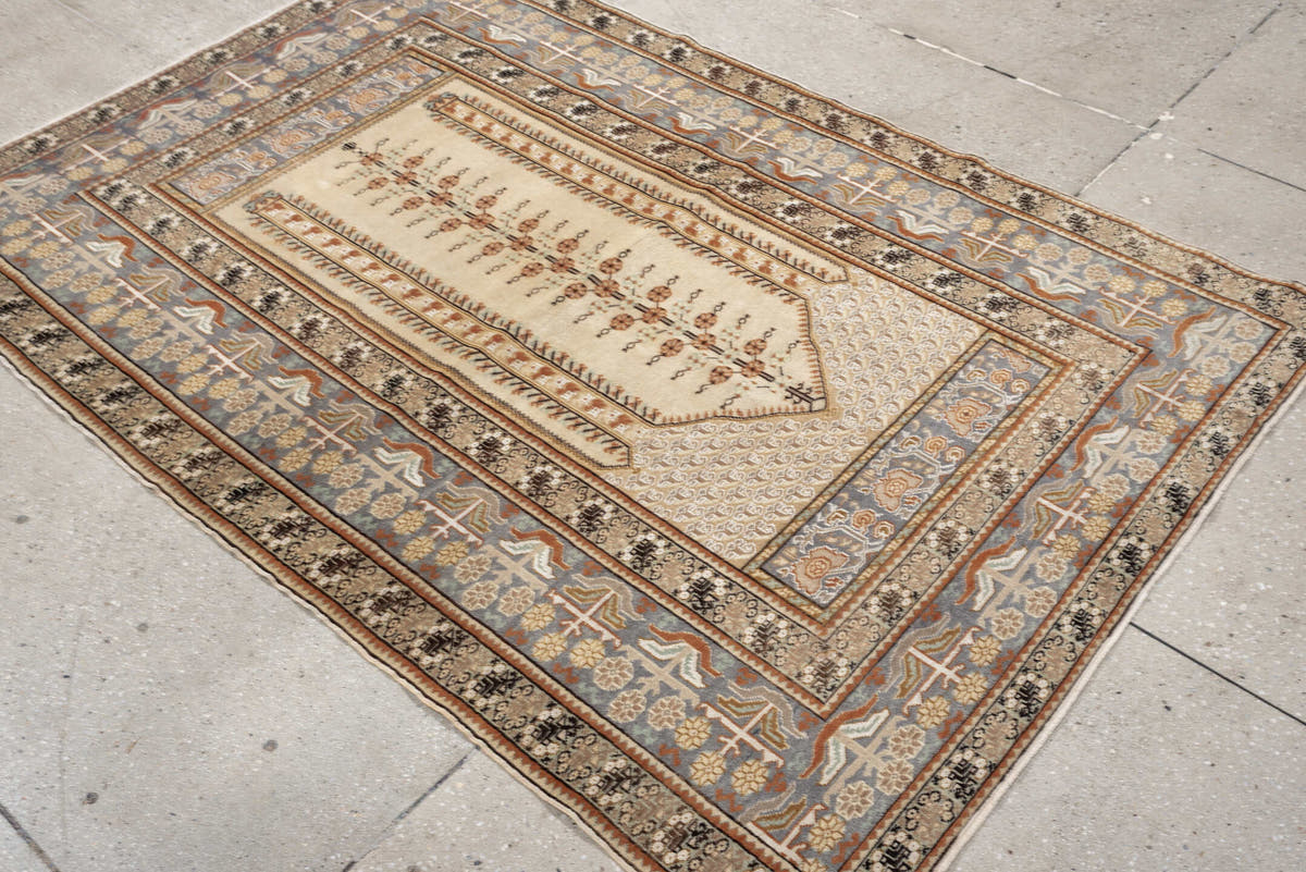 4' x 6' one-of-a-kind handmade antique Anatolian small size rug. Color palette: ivory, blue gray, camel, terracotta, taupe