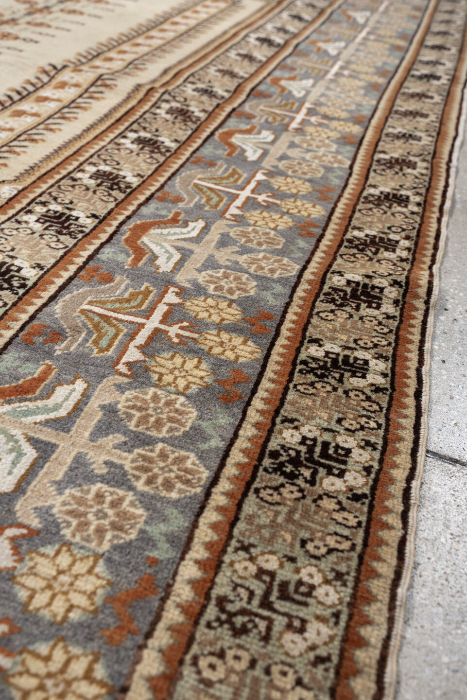 4' x 6' one-of-a-kind handmade antique Anatolian small size rug. Color palette: ivory, blue gray, camel, terracotta, taupe