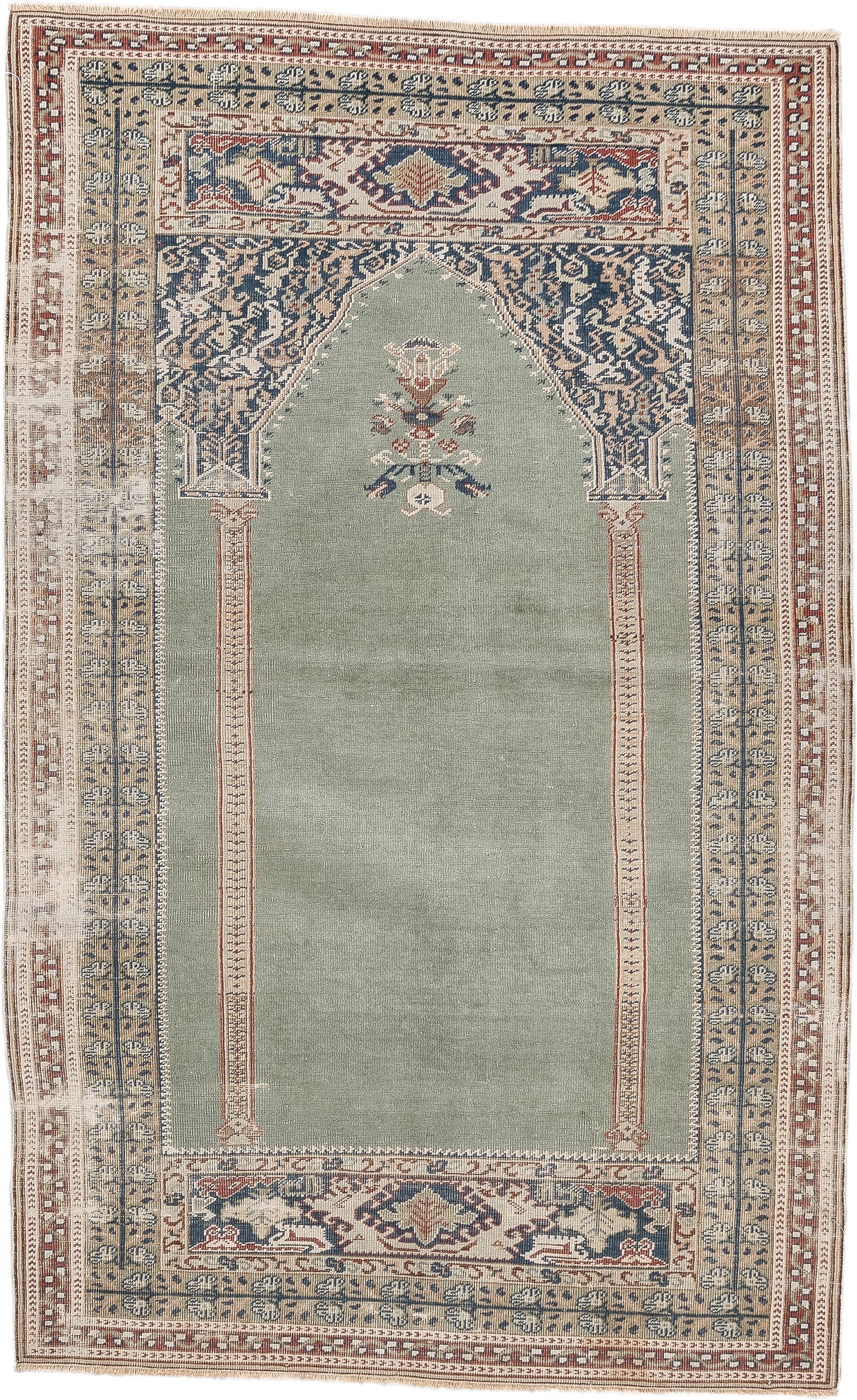 3' x 5' one-of-a-kind handmade antique Anatolian small size rug. Color palette: sage, ivory, indigo, terracotta, camel