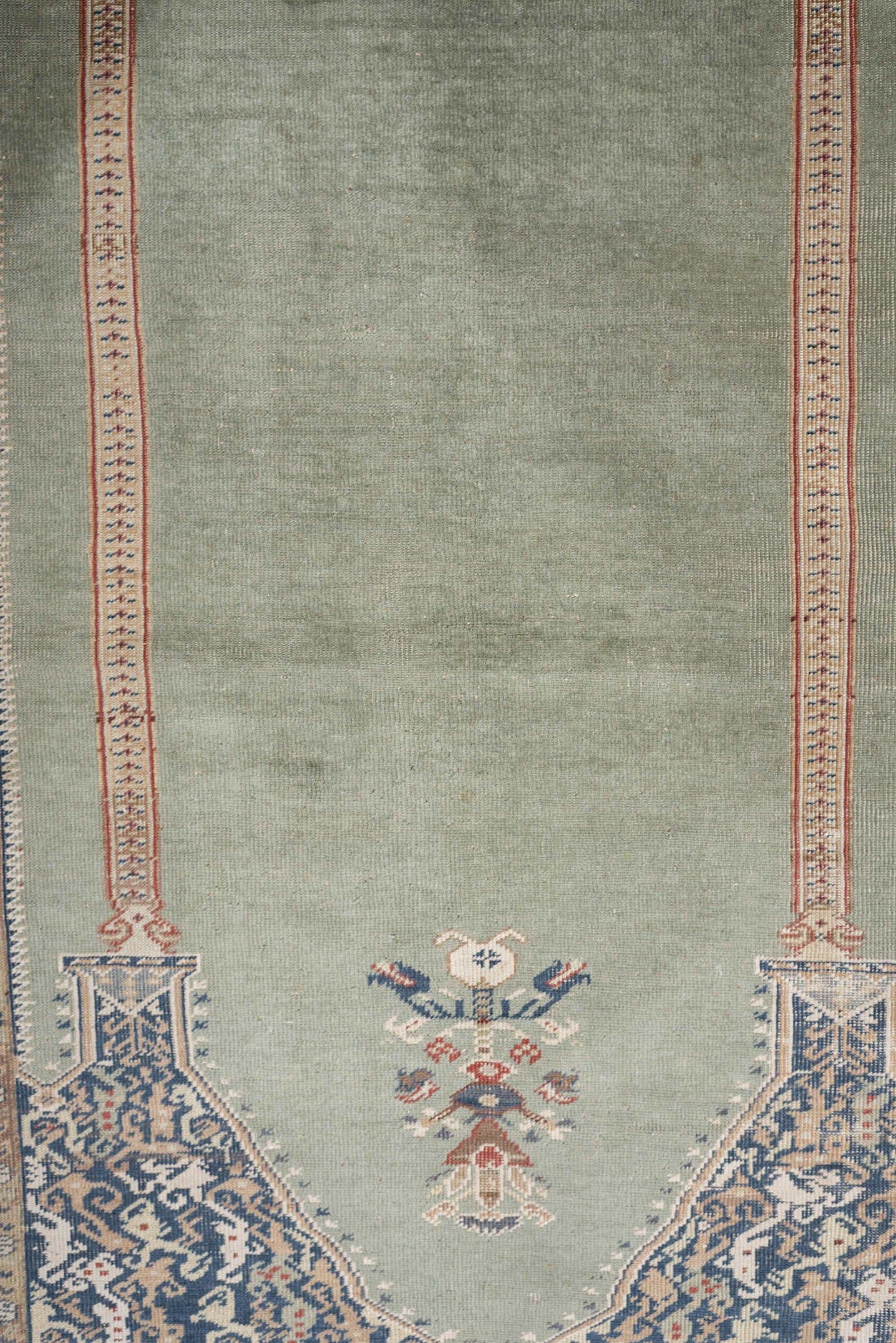 3' x 5' one-of-a-kind handmade antique Anatolian small size rug. Color palette: sage, ivory, indigo, terracotta, camel