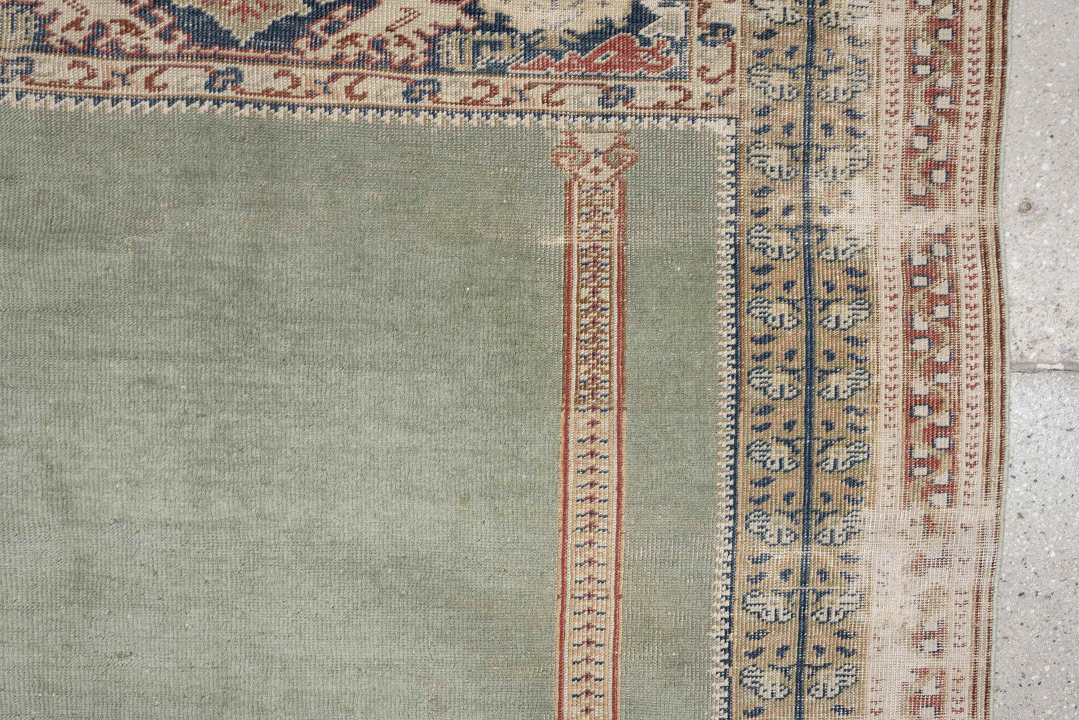 3' x 5' one-of-a-kind handmade antique Anatolian small size rug. Color palette: sage, ivory, indigo, terracotta, camel
