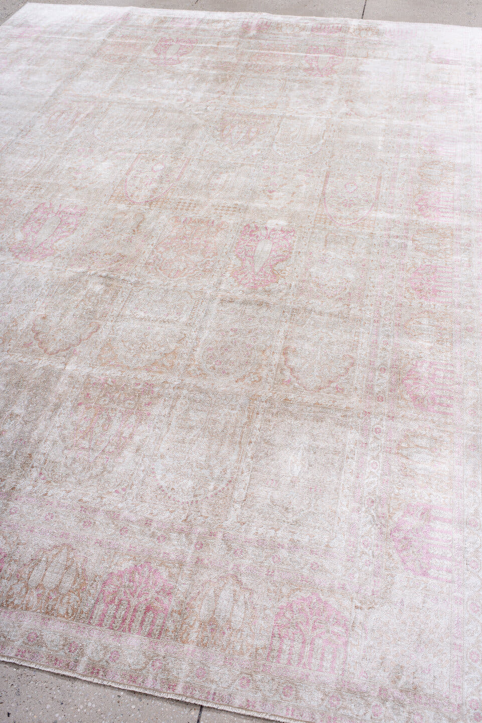 7' x 11' one-of-a-kind handmade antique Kashmir large size rug. Color palette: ivory, blush, beige, taupe, rose, cream, pink