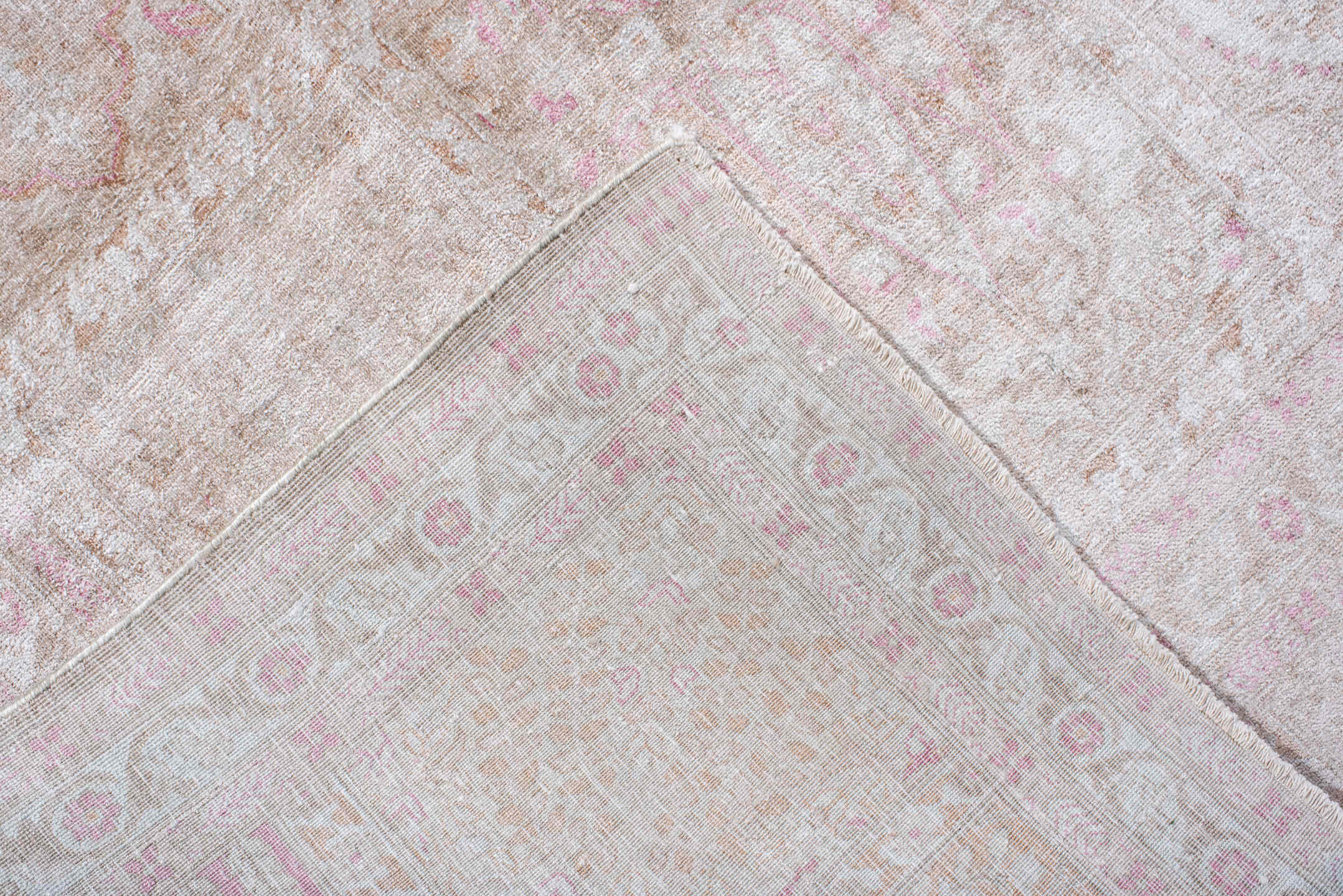 7' x 11' one-of-a-kind handmade antique Kashmir large size rug. Color palette: ivory, blush, beige, taupe, rose, cream, pink