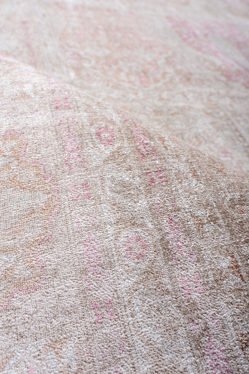 7' x 11' one-of-a-kind handmade antique Kashmir large size rug. Color palette: ivory, blush, beige, taupe, rose, cream, pink