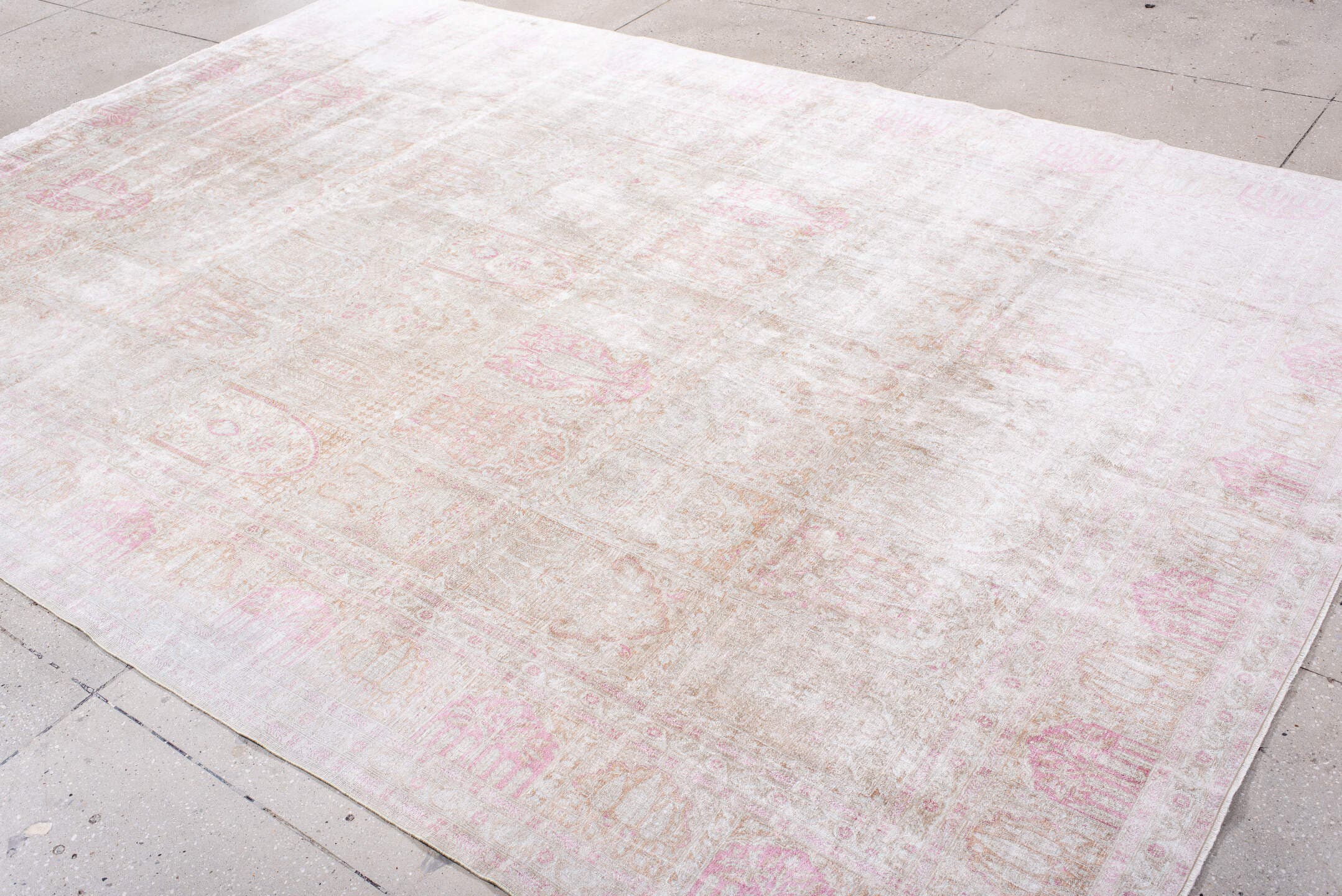 7' x 11' one-of-a-kind handmade antique Kashmir large size rug. Color palette: ivory, blush, beige, taupe, rose, cream, pink
