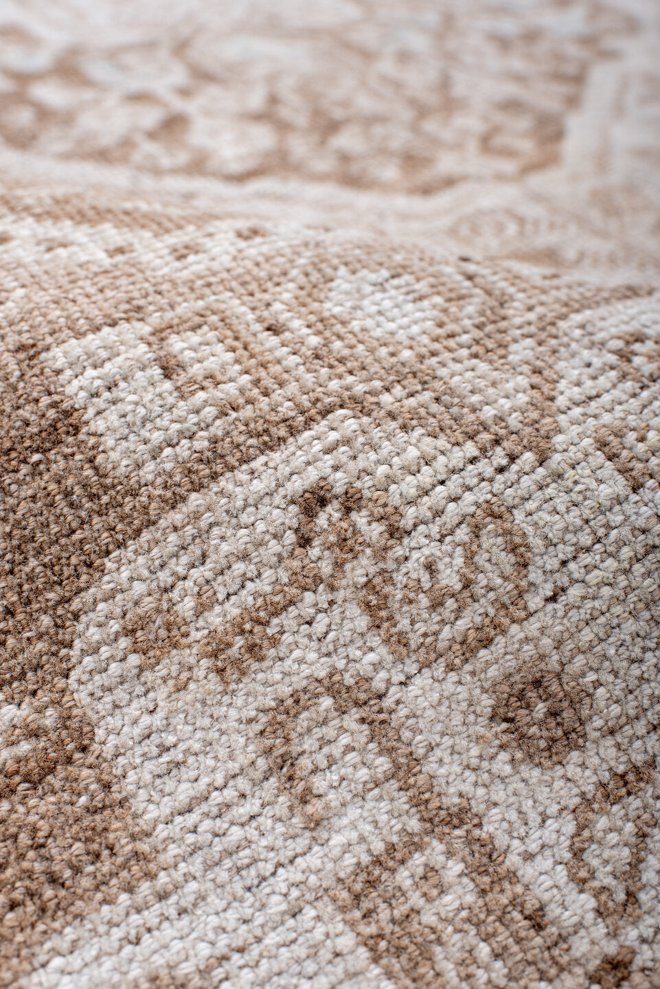 4' x 8' one-of-a-kind handmade antique Shiraz rug. Color palette: ivory, taupe, camel, pale blue, beige, light brown, gray