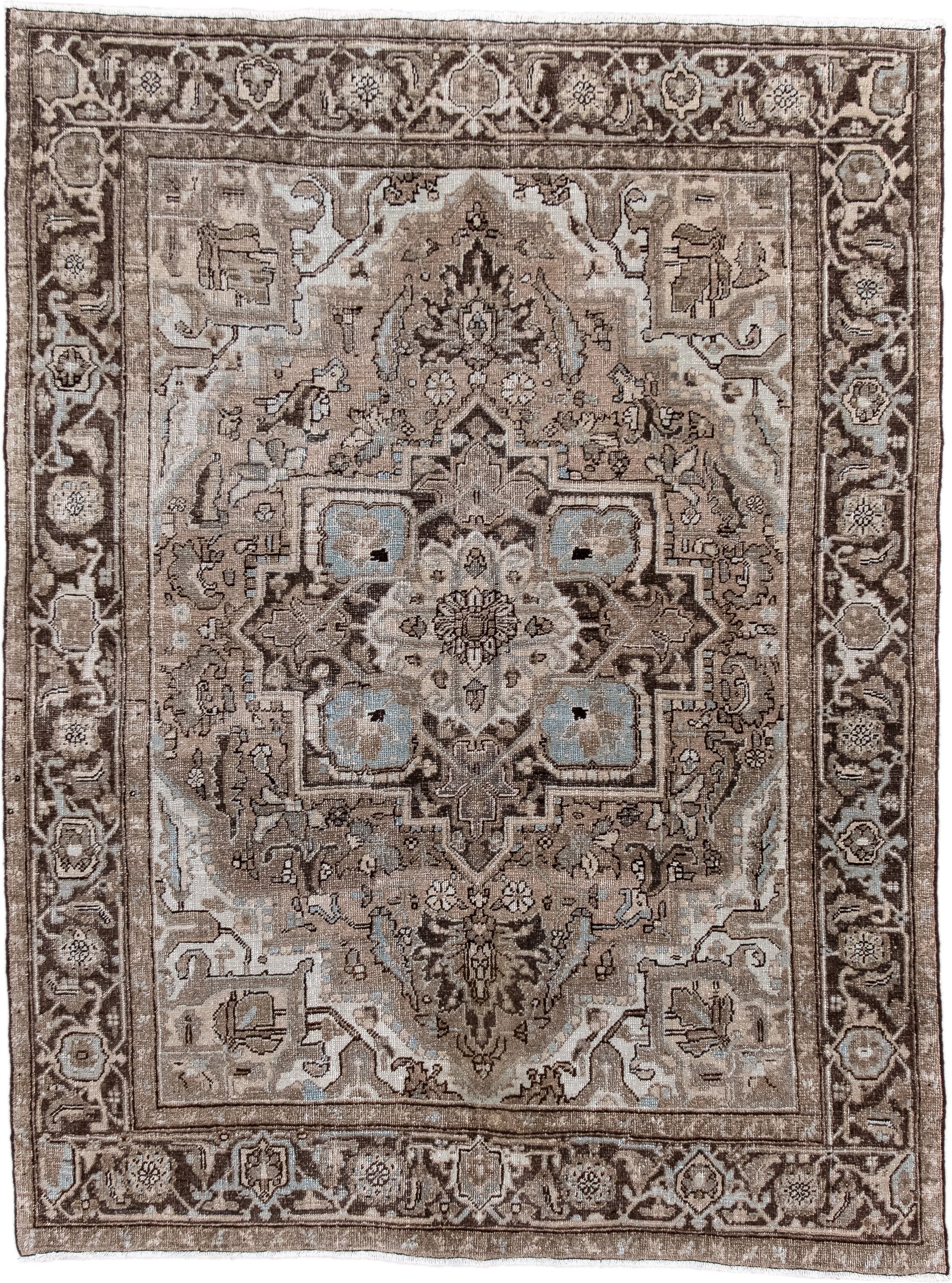 4' x 6' one-of-a-kind handmade antique Heriz small size rug. Color palette: taupe, brown, ivory, pale_blue, beige, charcoal