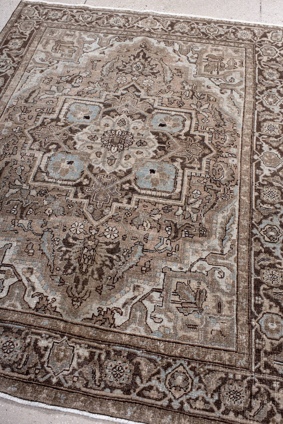 4' x 6' one-of-a-kind handmade antique Heriz small size rug. Color palette: taupe, brown, ivory, pale_blue, beige, charcoal