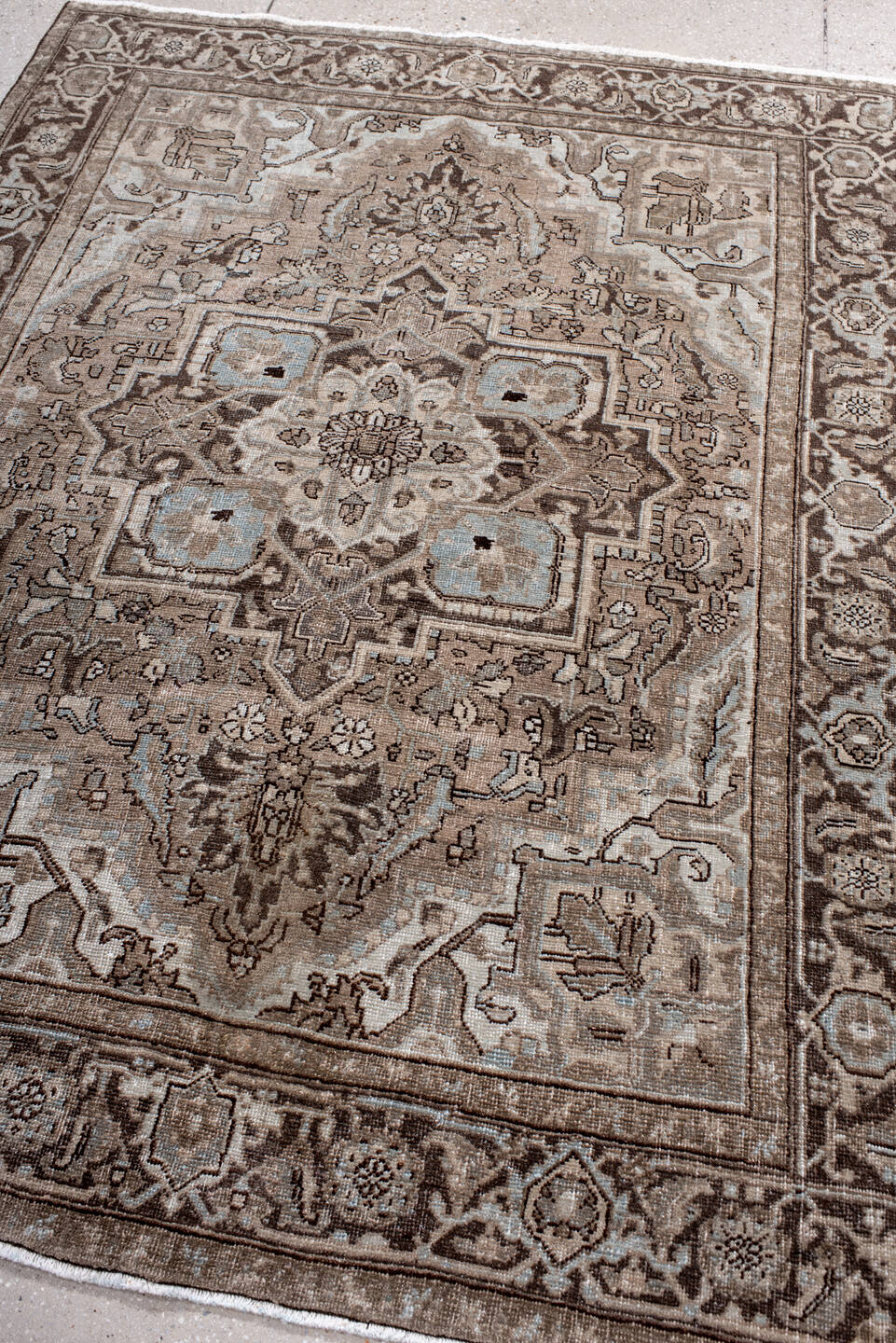4' x 6' one-of-a-kind handmade antique Heriz small size rug. Color palette: taupe, brown, ivory, pale_blue, beige, charcoal