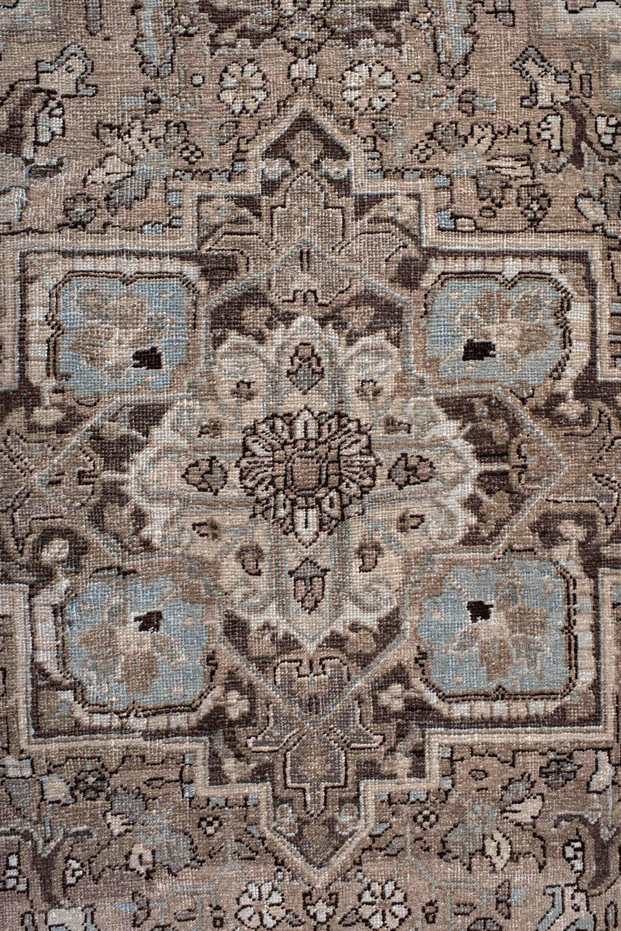 4' x 6' one-of-a-kind handmade antique Heriz small size rug. Color palette: taupe, brown, ivory, pale_blue, beige, charcoal