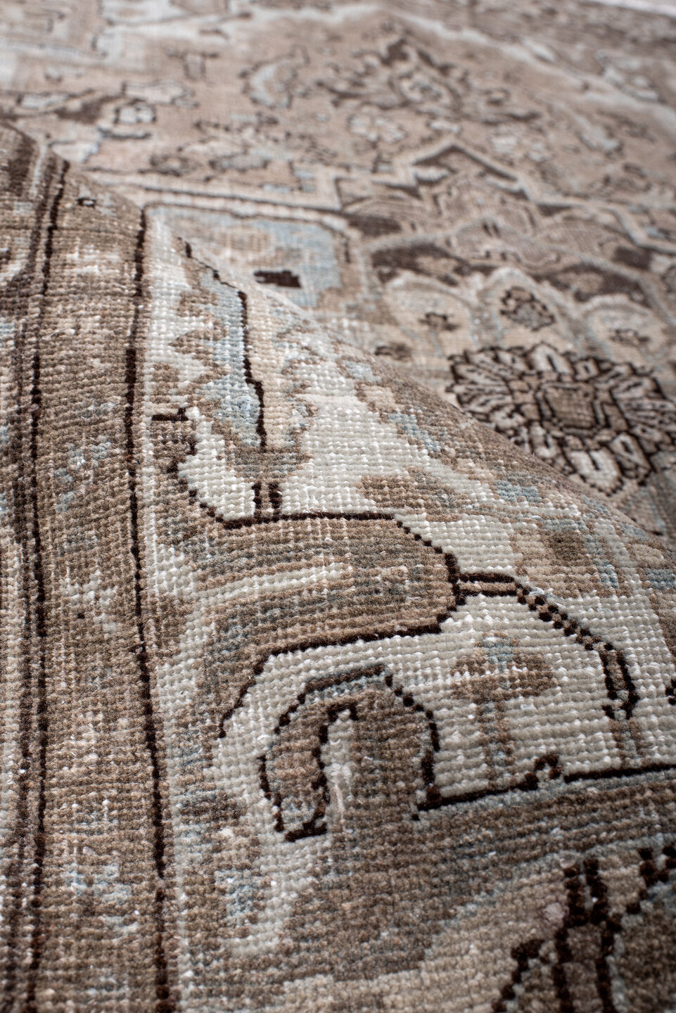4' x 6' one-of-a-kind handmade antique Heriz small size rug. Color palette: taupe, brown, ivory, pale_blue, beige, charcoal