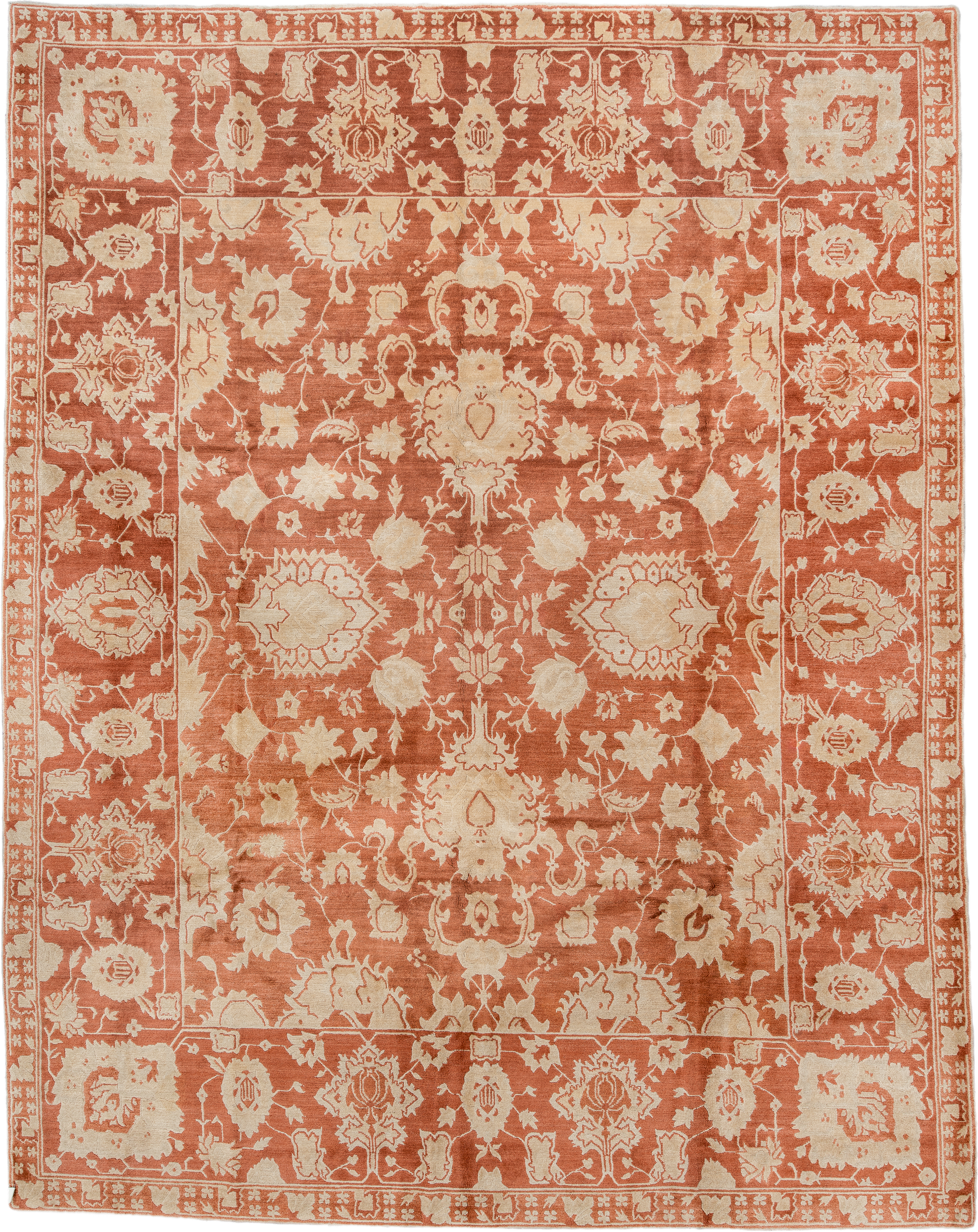 8' x 10' one-of-a-kind handmade vintage large size rug. Color palette: terra cotta, ivory, peach, camel, terracotta, brown