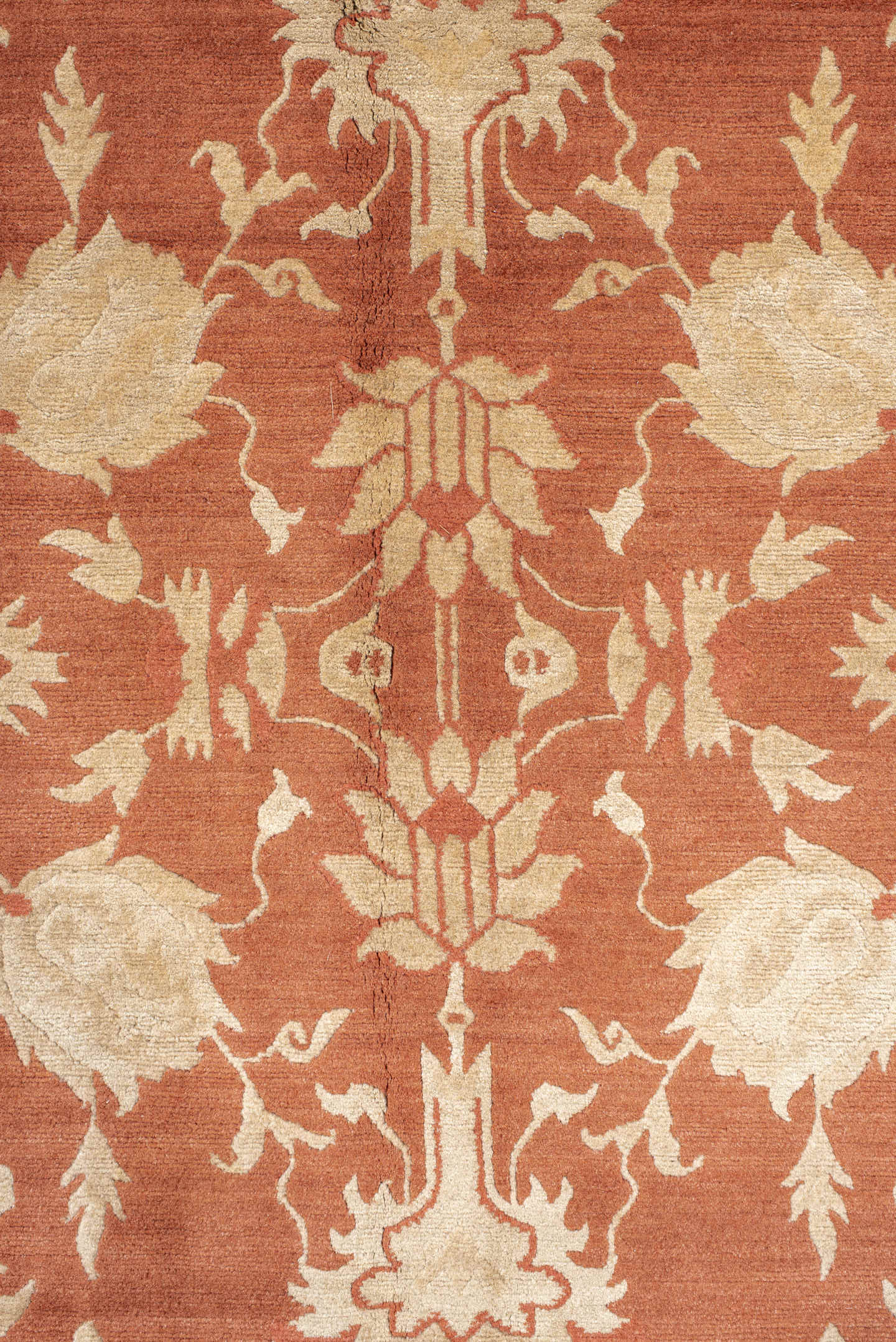 8' x 10' one-of-a-kind handmade vintage large size rug. Color palette: terra cotta, ivory, peach, camel, terracotta, brown