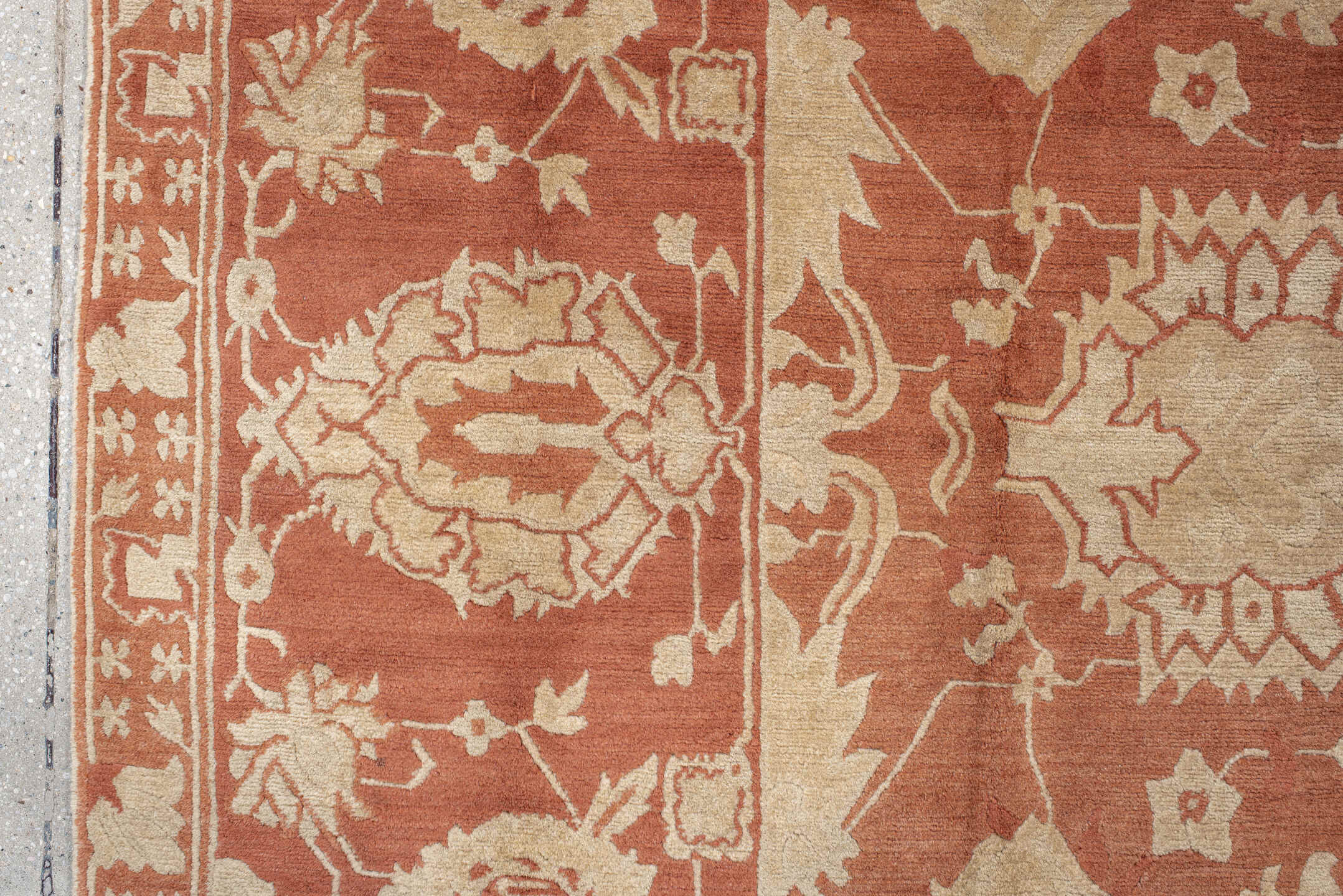 8' x 10' one-of-a-kind handmade vintage large size rug. Color palette: terra cotta, ivory, peach, camel, terracotta, brown