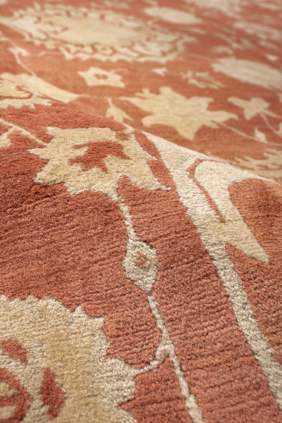 8' x 10' one-of-a-kind handmade vintage large size rug. Color palette: terra cotta, ivory, peach, camel, terracotta, brown