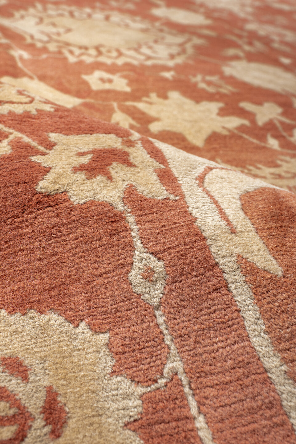 8' x 10' one-of-a-kind handmade vintage large size rug. Color palette: terra cotta, ivory, peach, camel, terracotta, brown