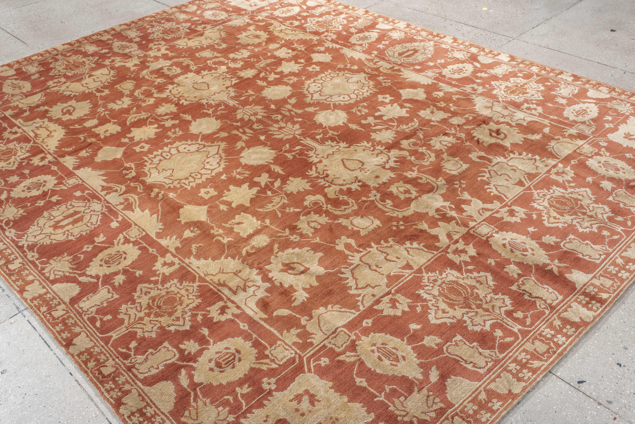 8' x 10' one-of-a-kind handmade vintage large size rug. Color palette: terra cotta, ivory, peach, camel, terracotta, brown
