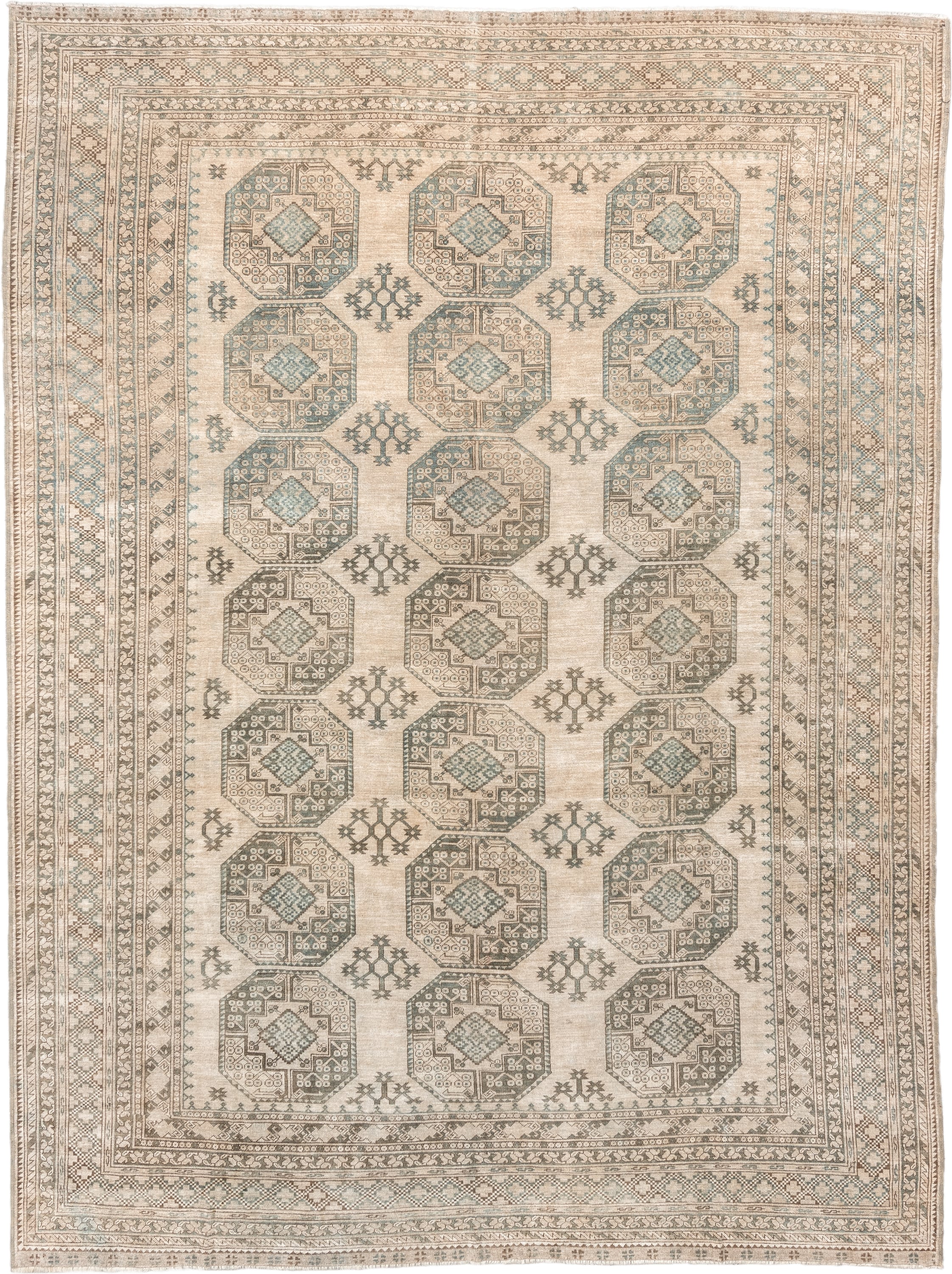 9' x 12' one-of-a-kind handmade vintage Afghan large size rug. Color palette: ivory, sage, taupe, sand, beige, light brown