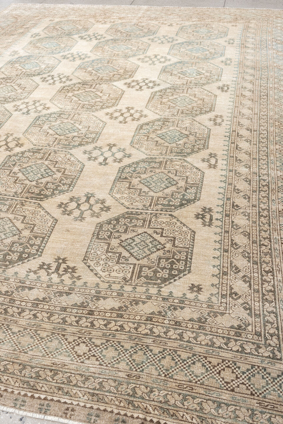 9' x 12' one-of-a-kind handmade vintage Afghan large size rug. Color palette: ivory, sage, taupe, sand, beige, light brown