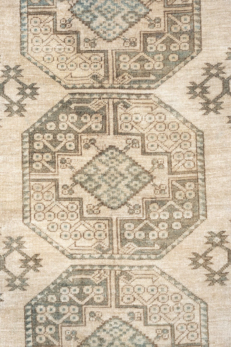 9' x 12' one-of-a-kind handmade vintage Afghan large size rug. Color palette: ivory, sage, taupe, sand, beige, light brown