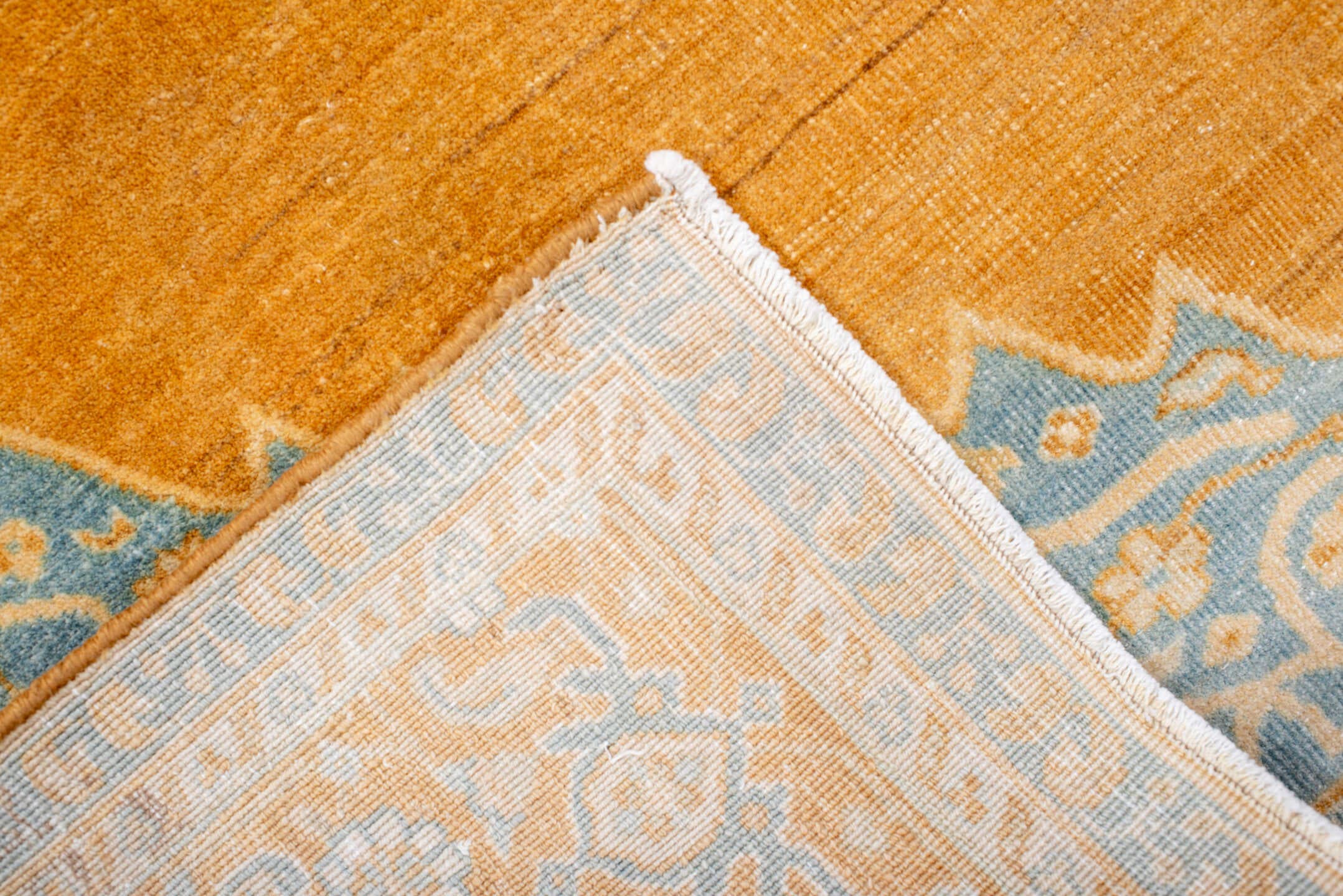 5' x 8' one-of-a-kind handmade antique Oushak medium size rug. Color palette: apricot, pale blue, ivory, cream, gold, camel
