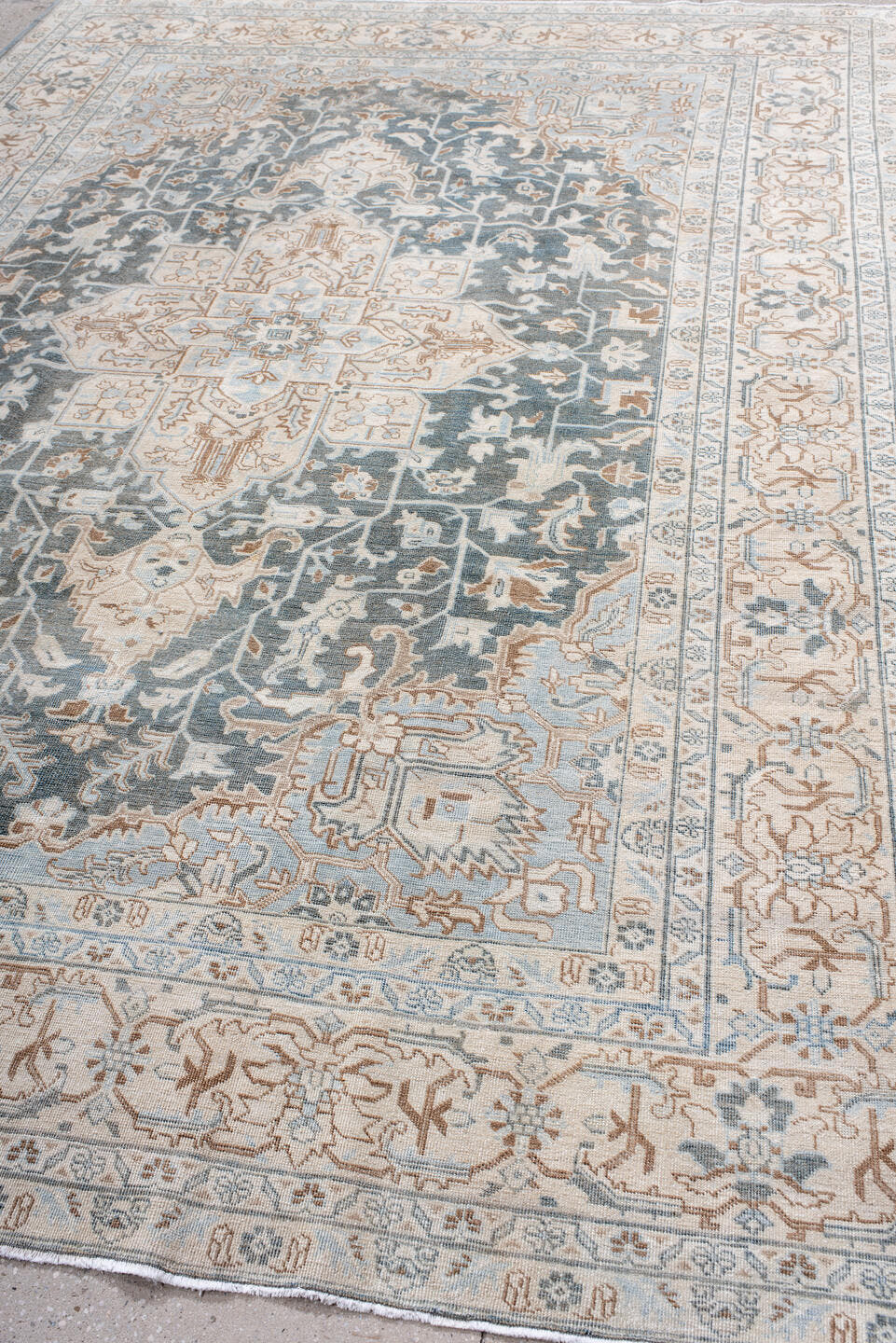 7' x 10' one-of-a-kind handmade antique Tabriz large size rug. Color palette: ivory, slate, pale_blue, camel, taupe, gray