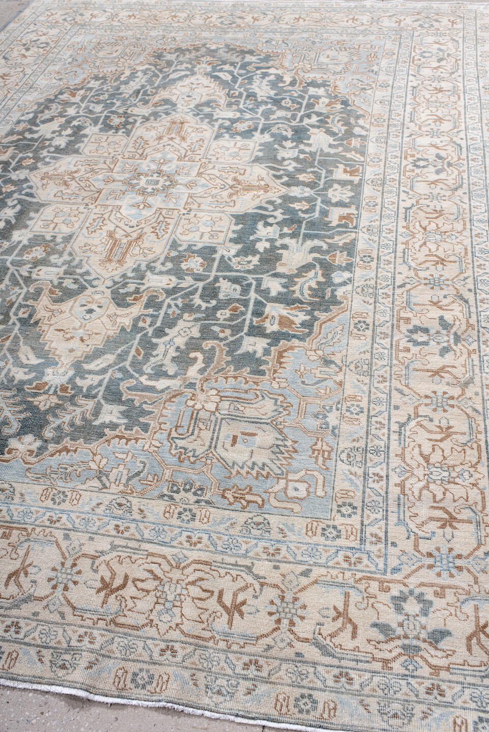 7' x 10' one-of-a-kind handmade antique Tabriz large size rug. Color palette: ivory, slate, pale_blue, camel, taupe, gray