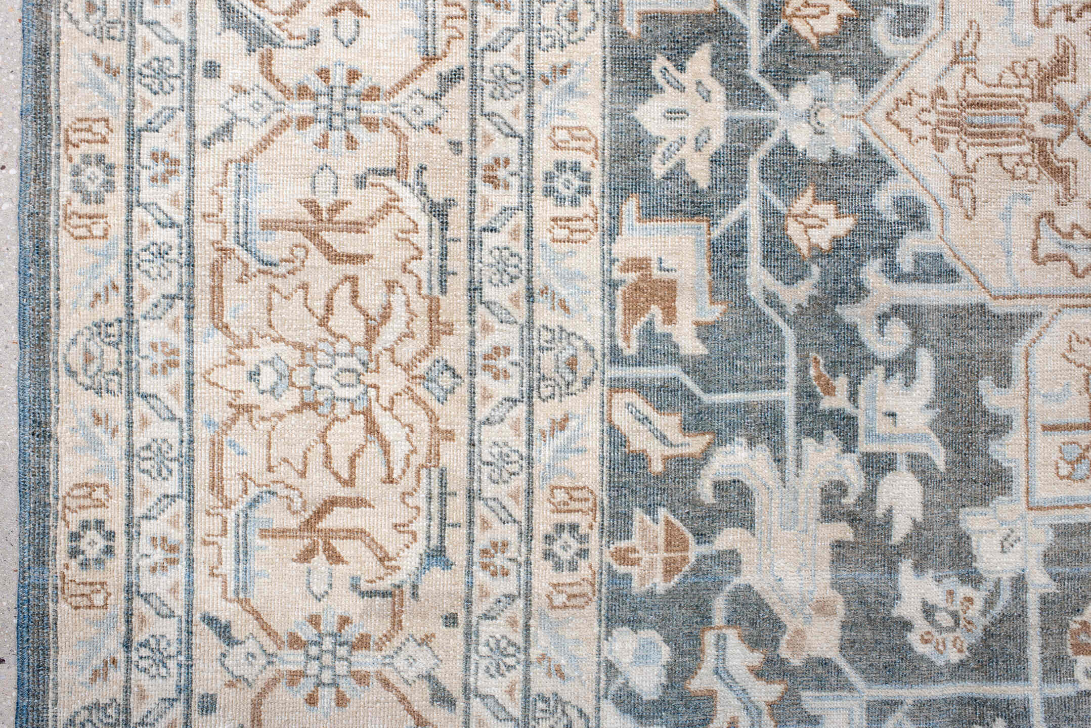 7' x 10' one-of-a-kind handmade antique Tabriz large size rug. Color palette: ivory, slate, pale_blue, camel, taupe, gray