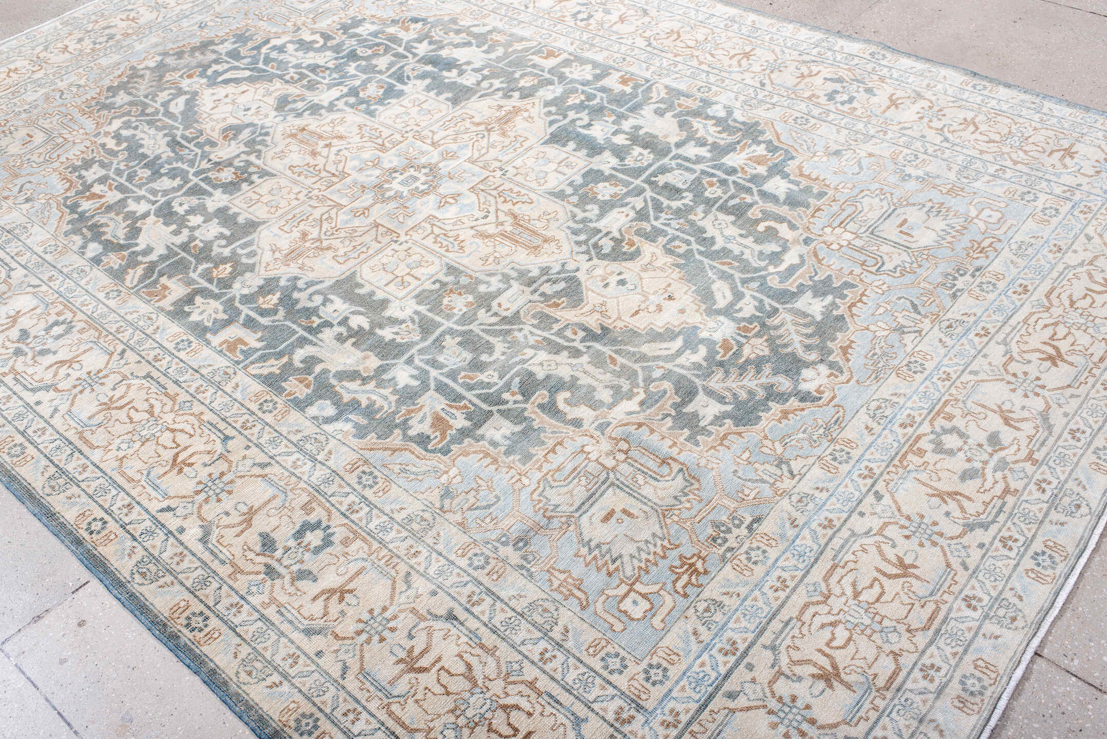 7' x 10' one-of-a-kind handmade antique Tabriz large size rug. Color palette: ivory, slate, pale_blue, camel, taupe, gray