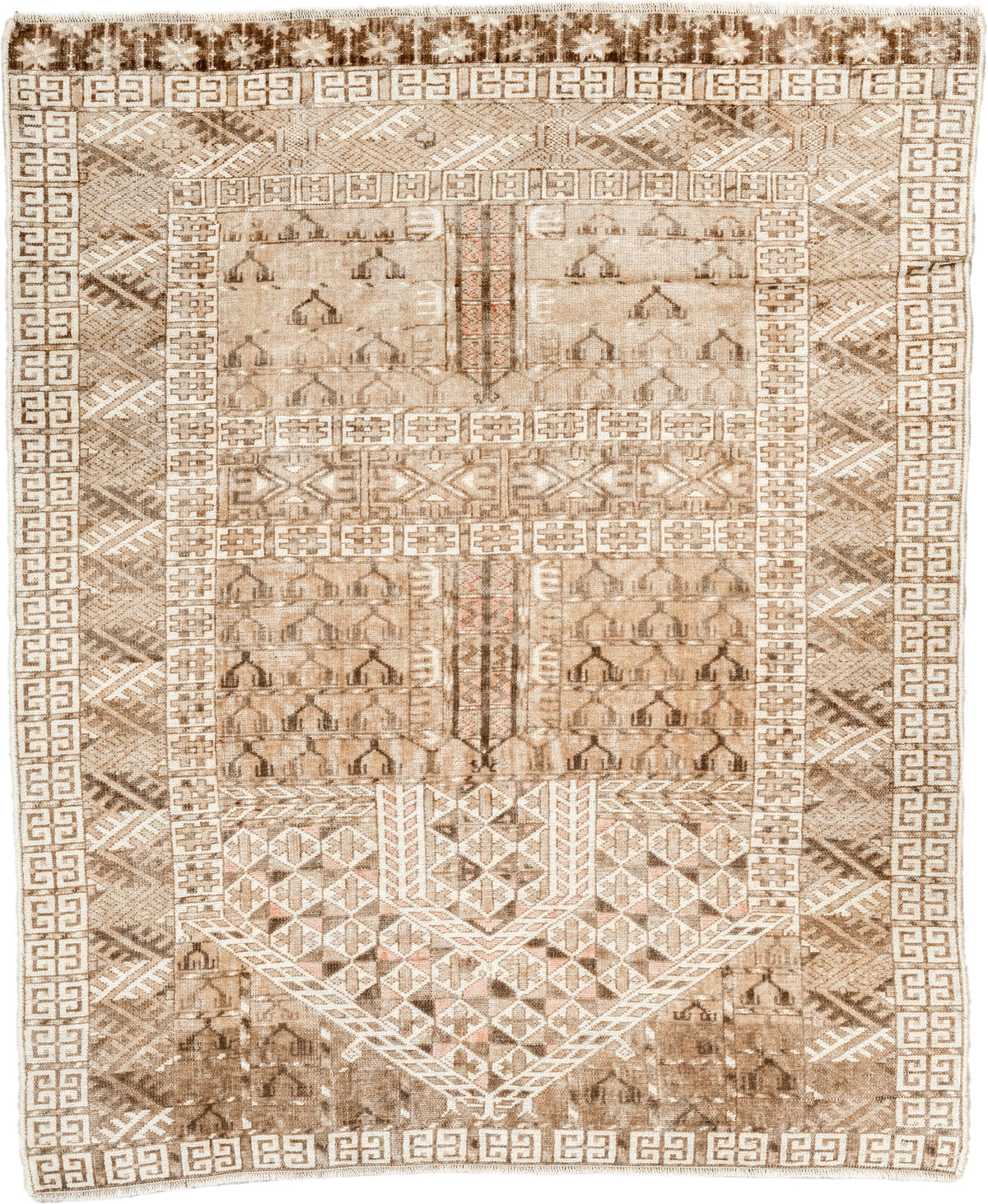 2' x 3' one-of-a-kind handmade vintage Bokara small size rug. Color palette: ivory, taupe, camel, brown, sand, rose, beige