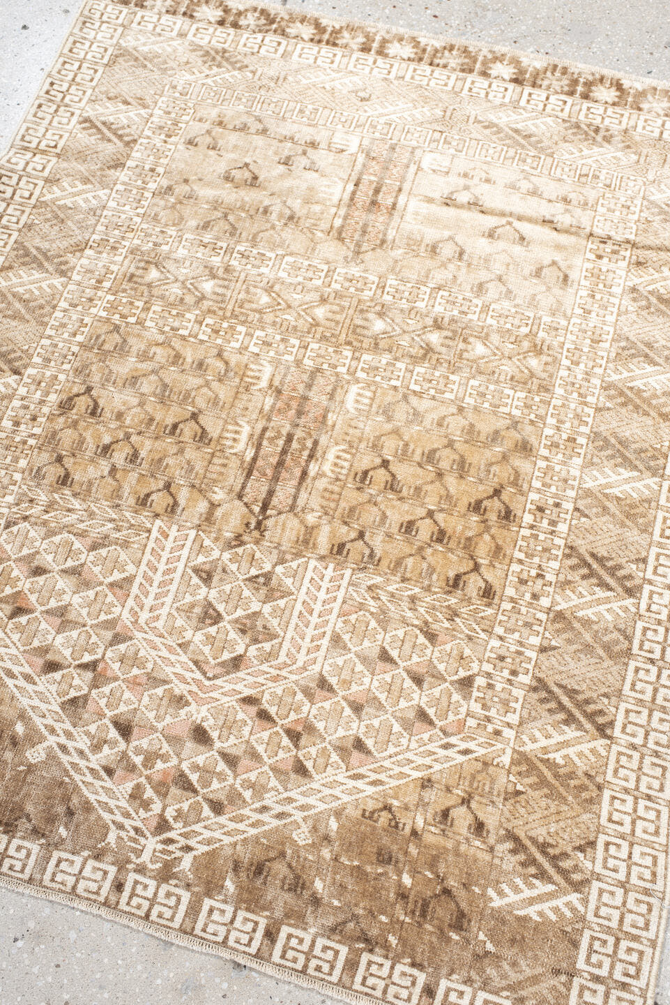 2' x 3' one-of-a-kind handmade vintage Bokara small size rug. Color palette: ivory, taupe, camel, brown, sand, rose, beige