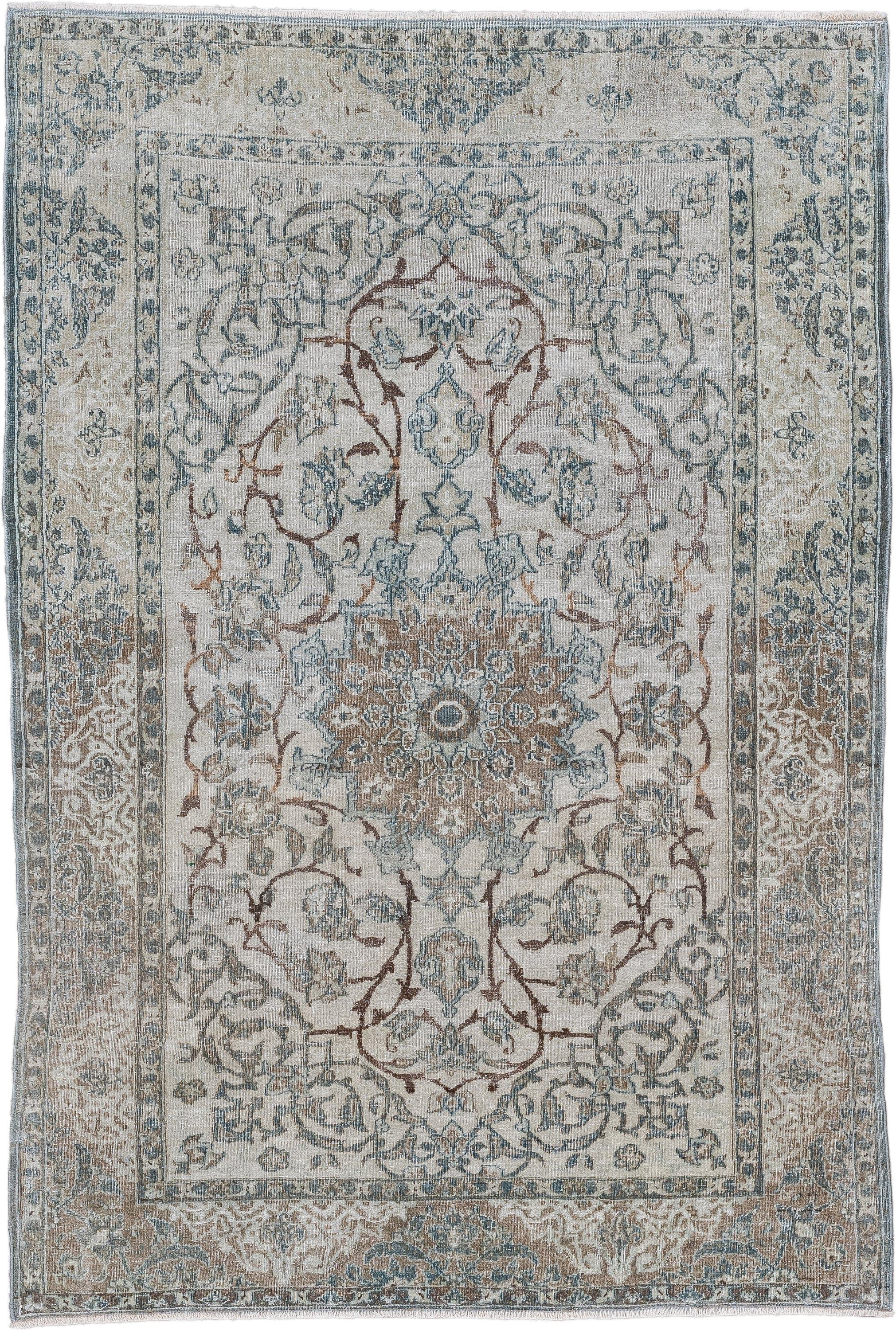 3' x 4' one-of-a-kind handmade vintage Isfahan small size rug. Color palette: ivory, pale blue, taupe, rust, beige, slate