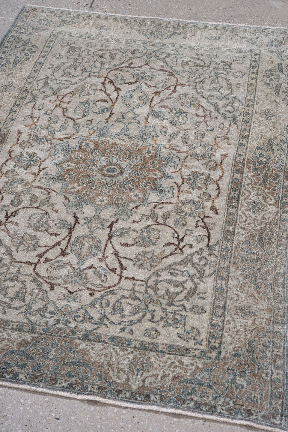 3' x 4' one-of-a-kind handmade vintage Isfahan small size rug. Color palette: ivory, pale blue, taupe, rust, beige, slate