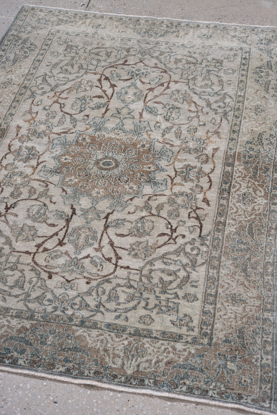 3' x 4' one-of-a-kind handmade vintage Isfahan small size rug. Color palette: ivory, pale blue, taupe, rust, beige, slate