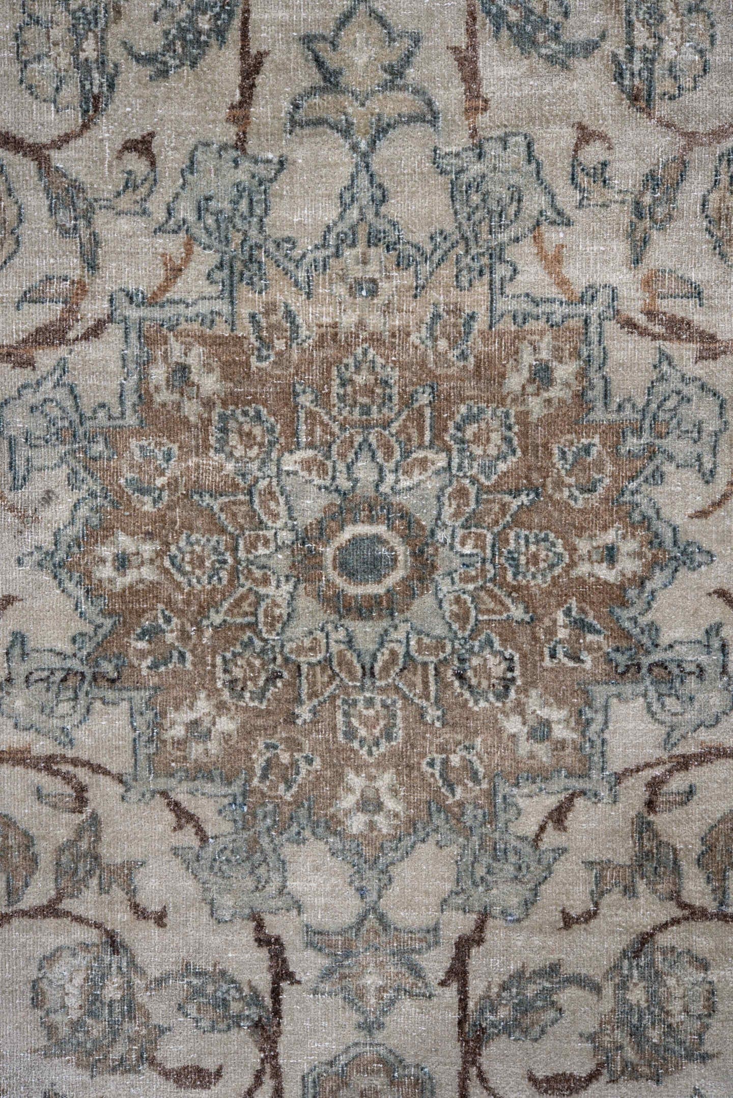 3' x 4' one-of-a-kind handmade vintage Isfahan small size rug. Color palette: ivory, pale blue, taupe, rust, beige, slate