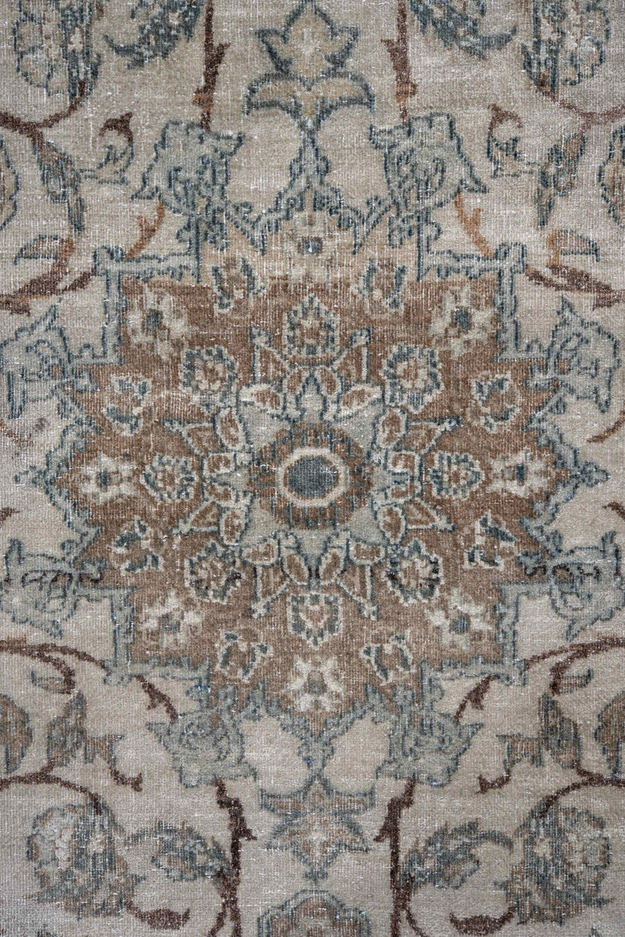 3' x 4' one-of-a-kind handmade vintage Isfahan small size rug. Color palette: ivory, pale blue, taupe, rust, beige, slate