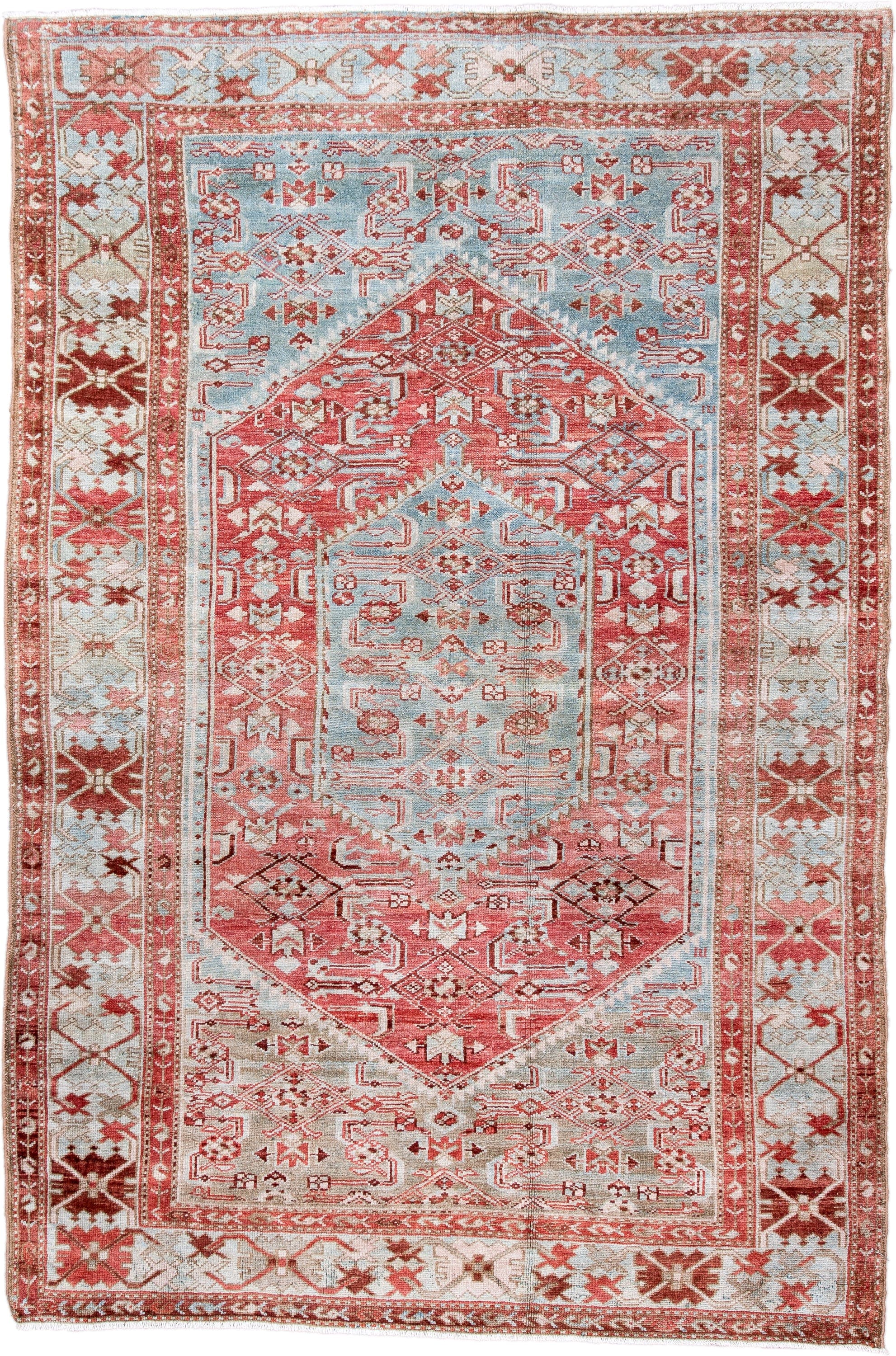 4' x 6' one-of-a-kind handmade antique Malayer small size rug. Color palette: coral, pale blue, ivory, rust, rose, taupe