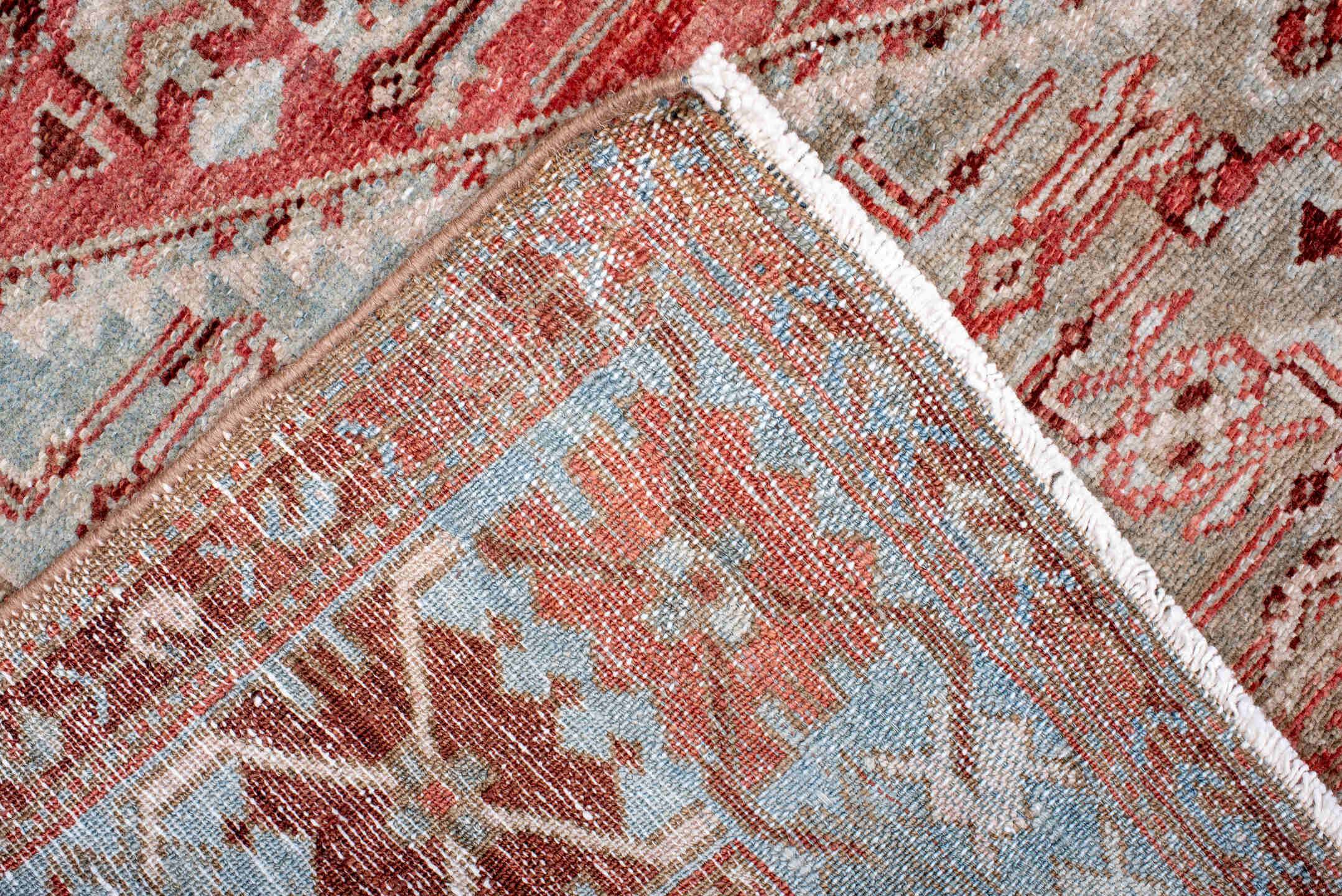4' x 6' one-of-a-kind handmade antique Malayer small size rug. Color palette: coral, pale blue, ivory, rust, rose, taupe