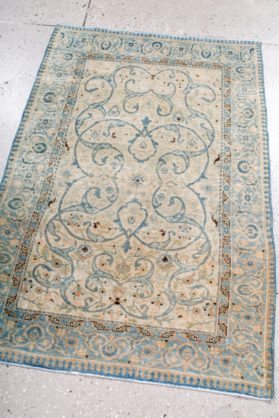 2' x 4' one-of-a-kind handmade antique Tabriz small size rug. Color palette: ivory, sky blue, beige, camel, taupe, brown